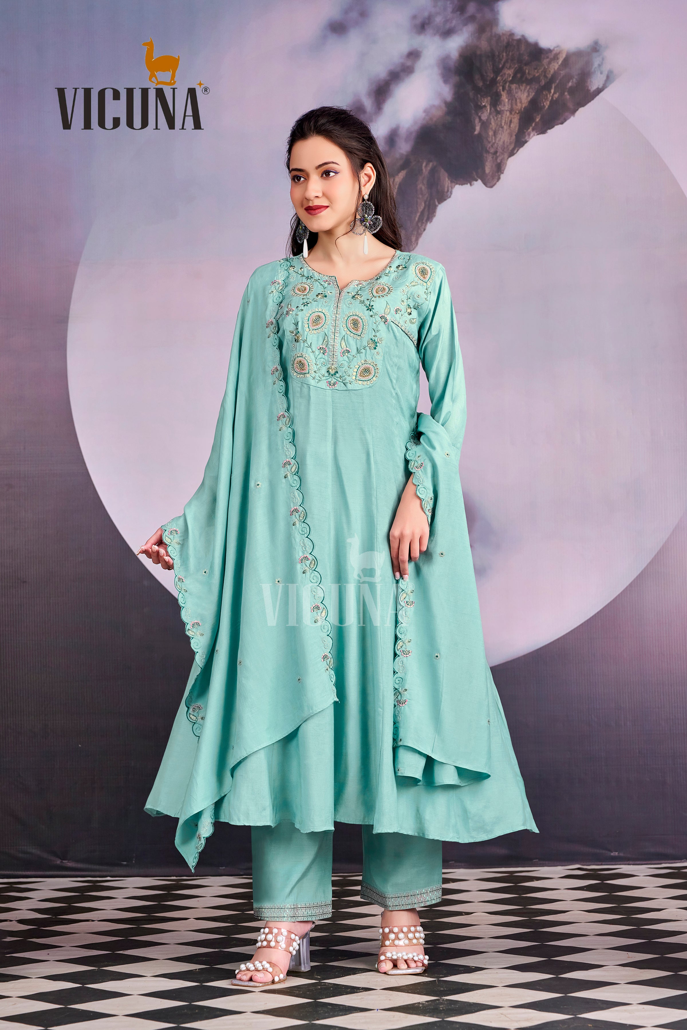 Firozi Muslin Embroidered Suit Set with Embroidered Dupatta