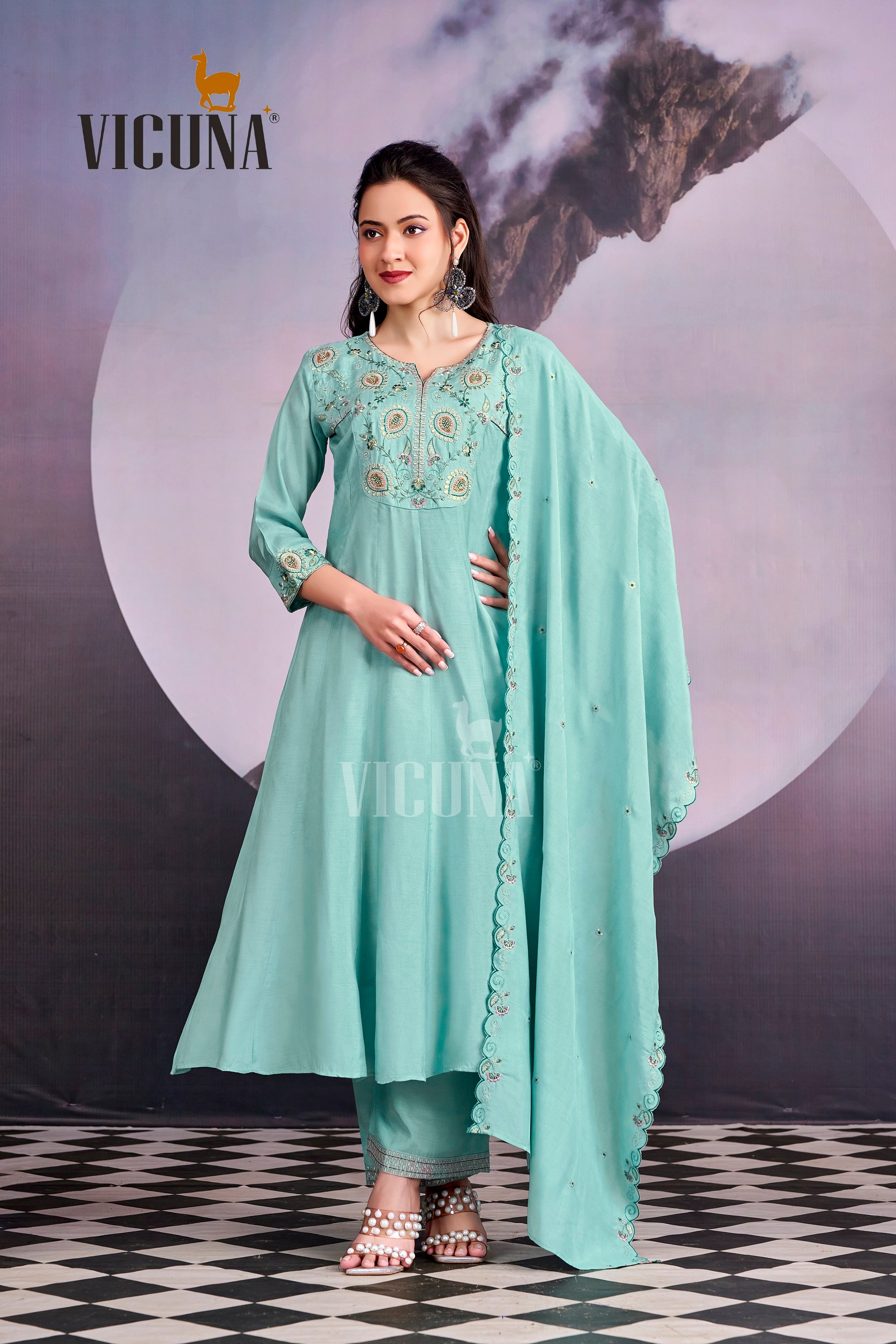 Firozi Muslin Embroidered Suit Set with Embroidered Dupatta