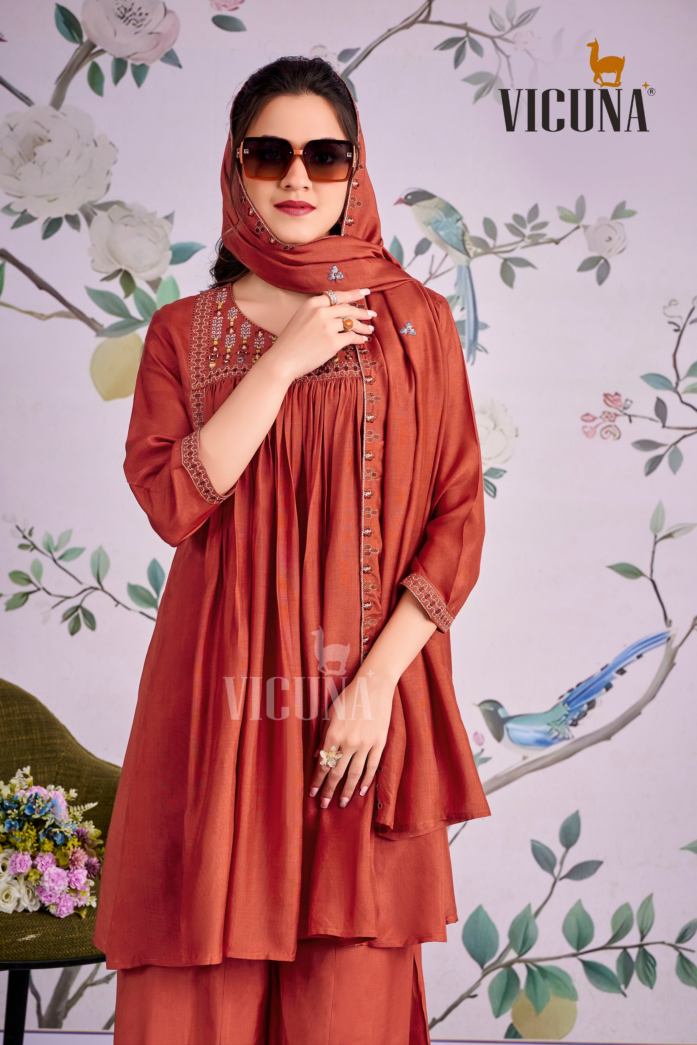 Rust Muslin Embroidered Short Kurta Set with Mirror Work