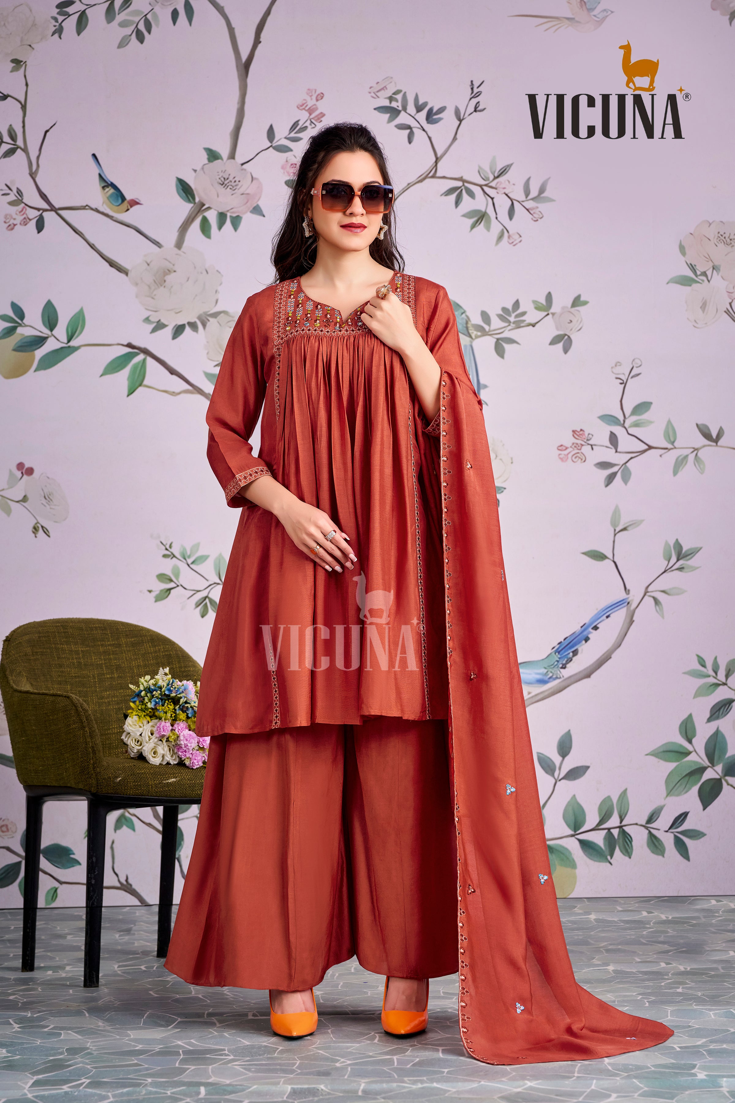 Rust Muslin Embroidered Short Kurta Set with Mirror Work