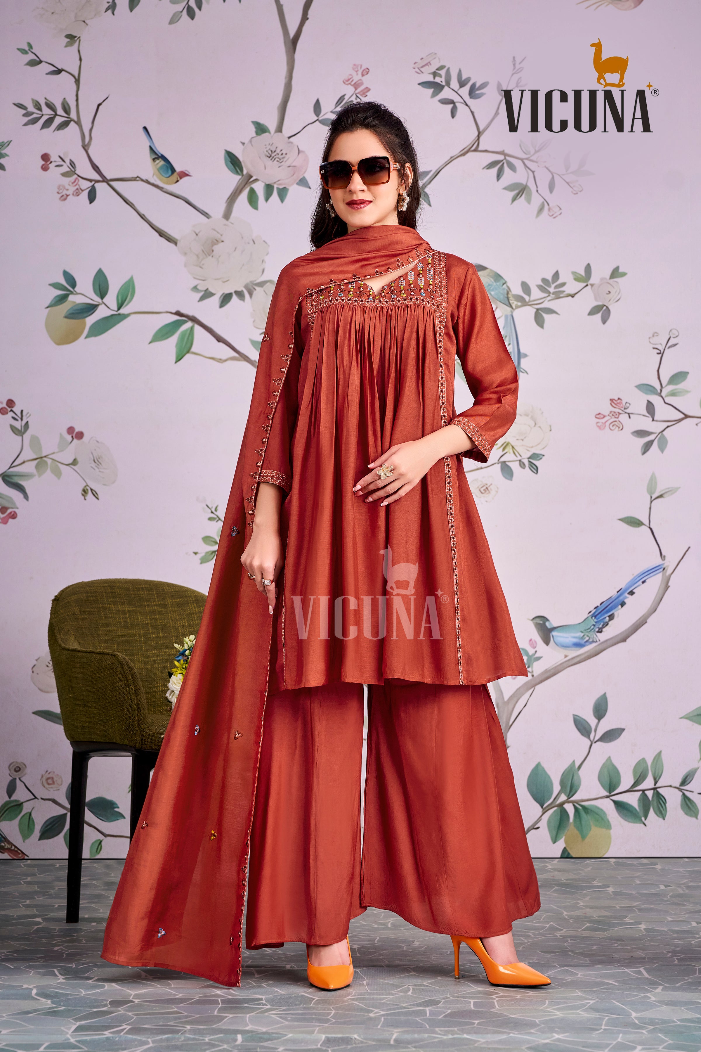 Rust Muslin Embroidered Short Kurta Set with Mirror Work