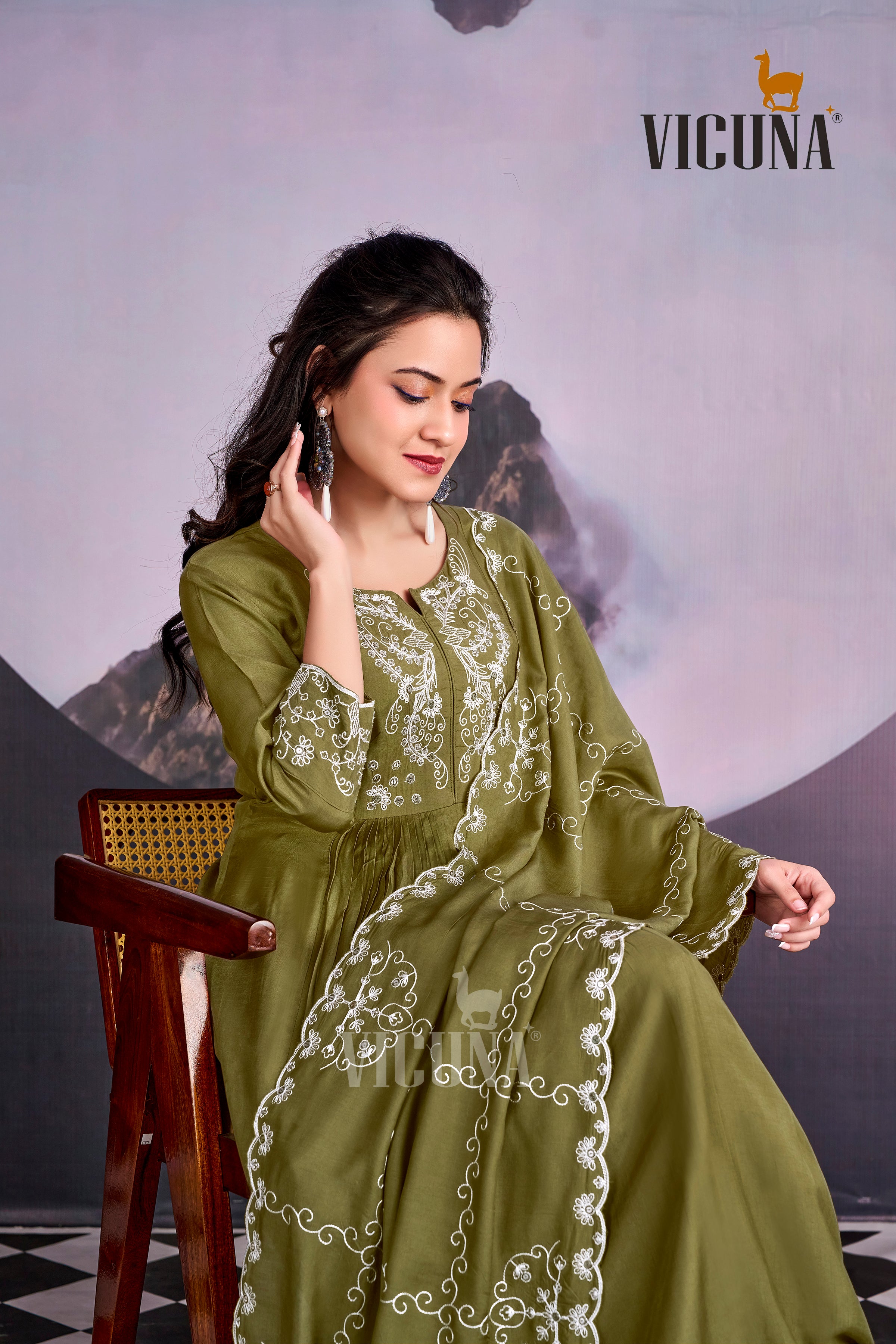 Mehndi Muslin Embroidered Suit Set with Embroidered Dupatta