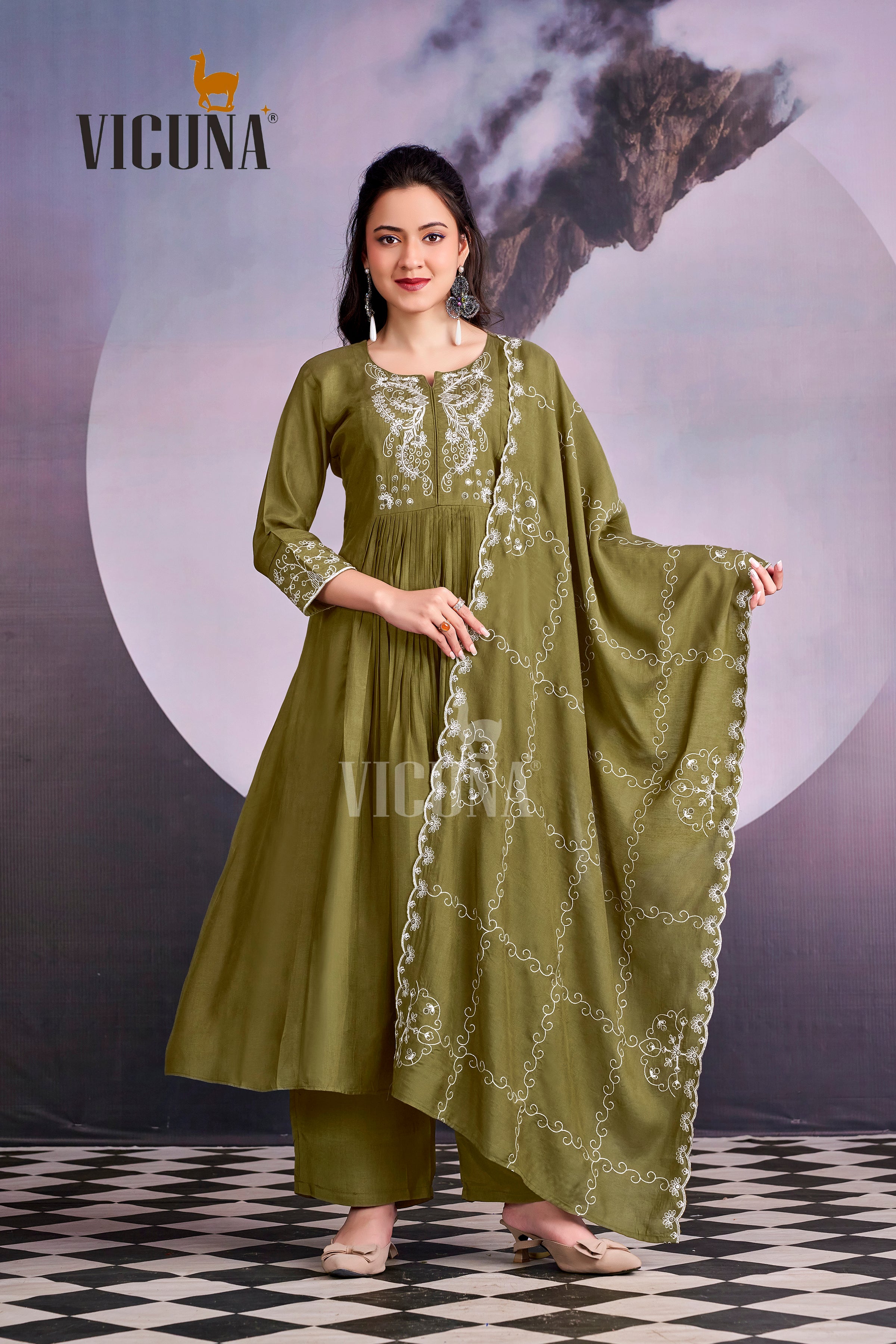 Mehndi Muslin Embroidered Suit Set with Embroidered Dupatta