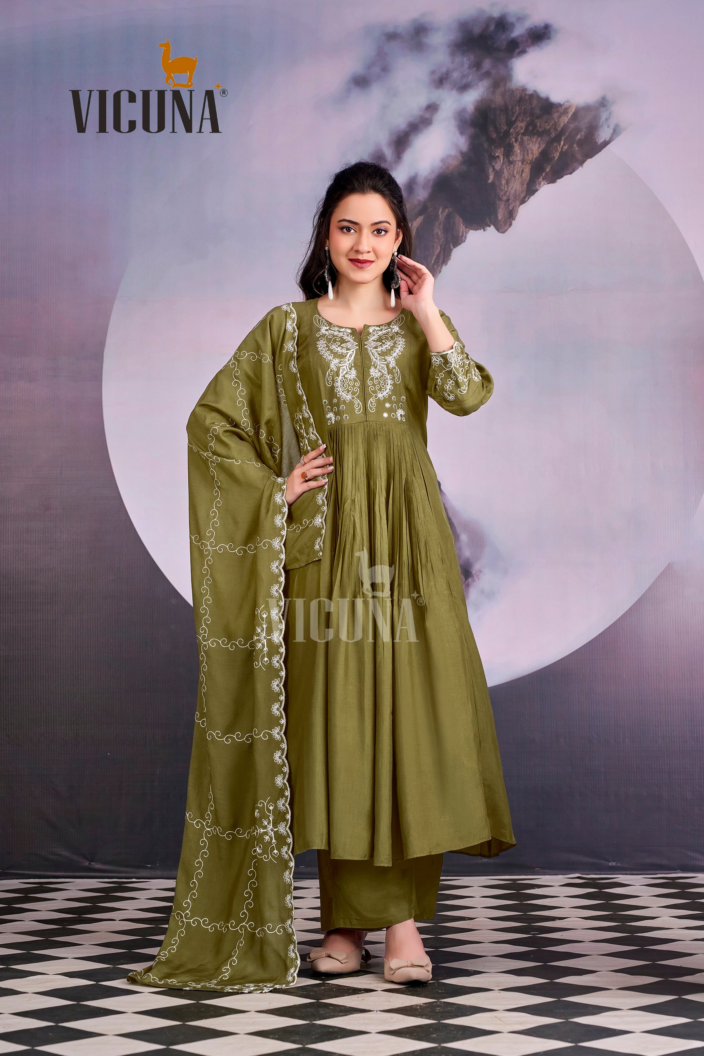 Mehndi Muslin Embroidered Suit Set with Embroidered Dupatta