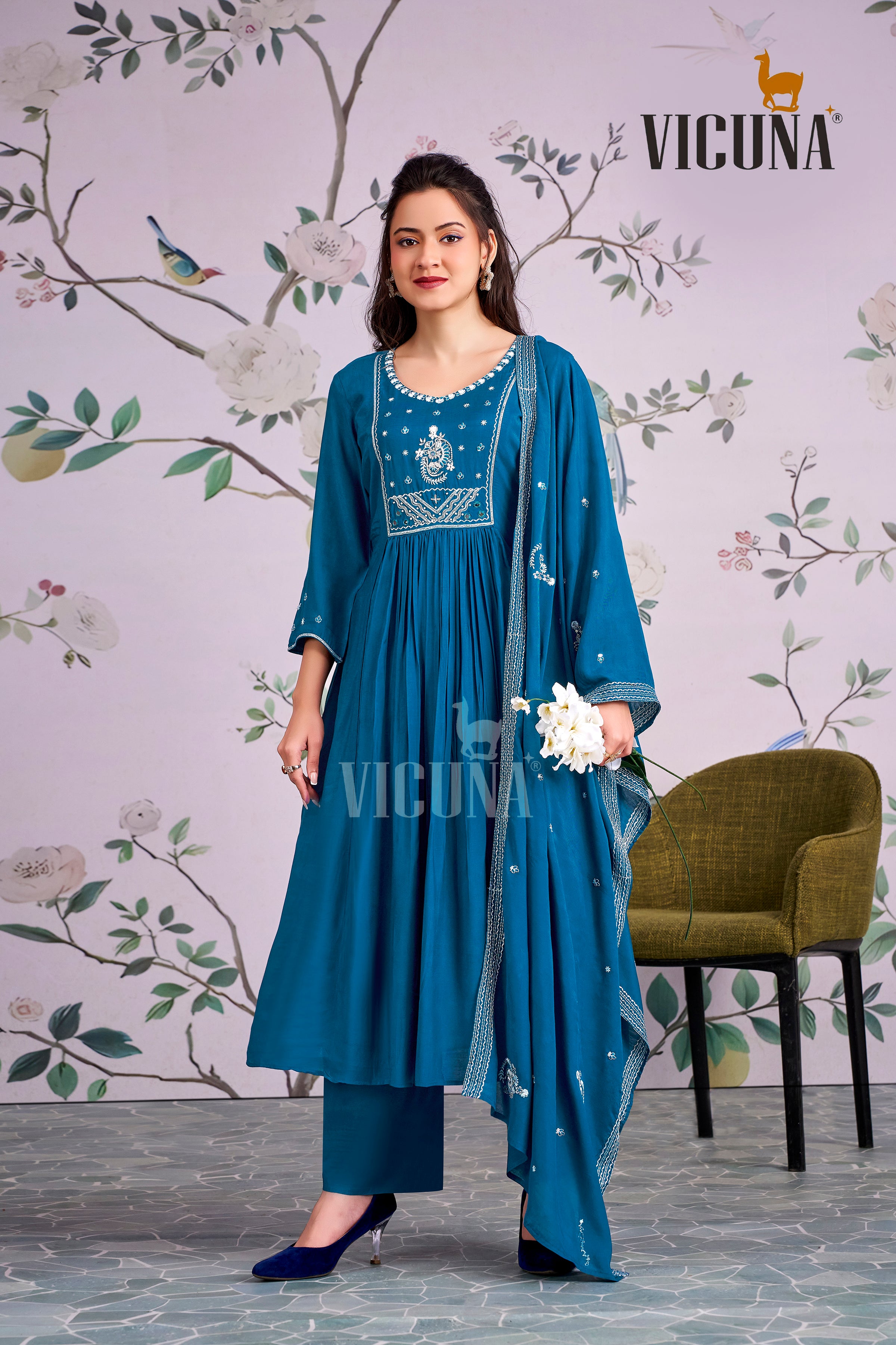 Rama Muslin Handcrafted Suit Set with Embroidered Dupatta