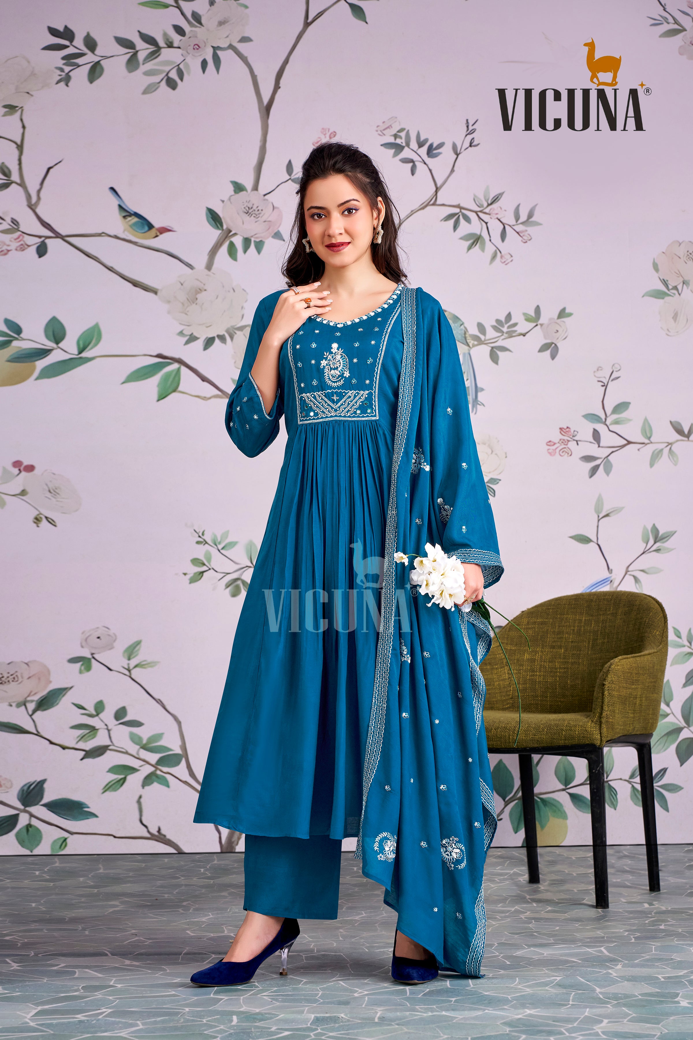 Rama Muslin Handcrafted Suit Set with Embroidered Dupatta
