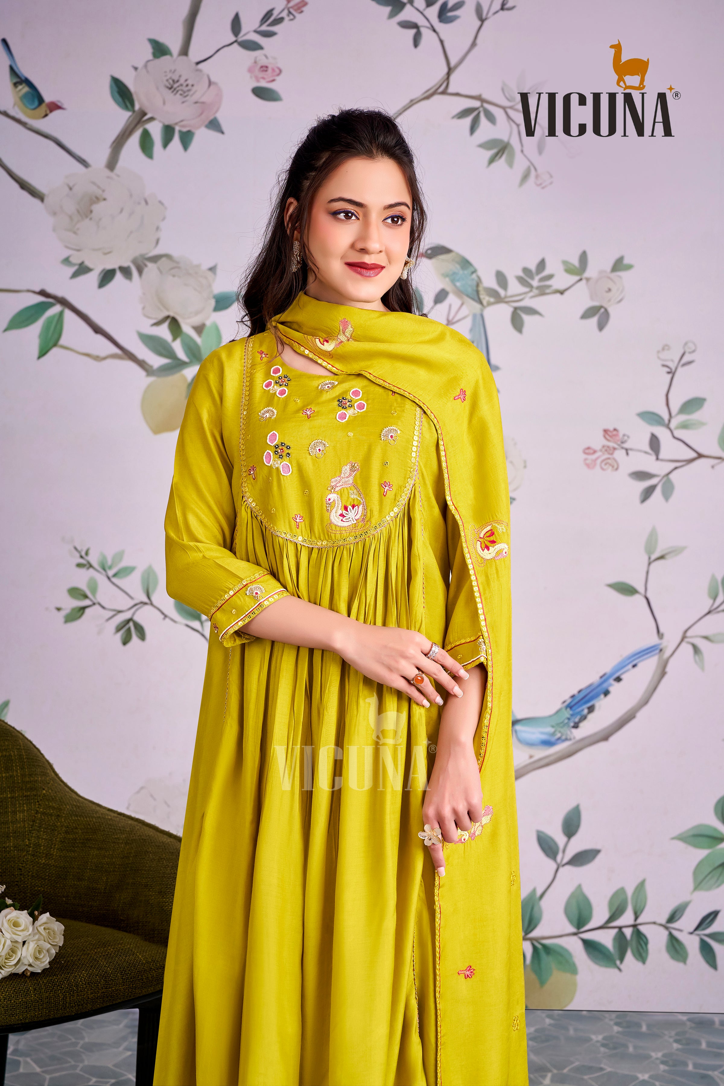 Yellow Muslin Handcrafted Suit Set with Embroidered Dupatta