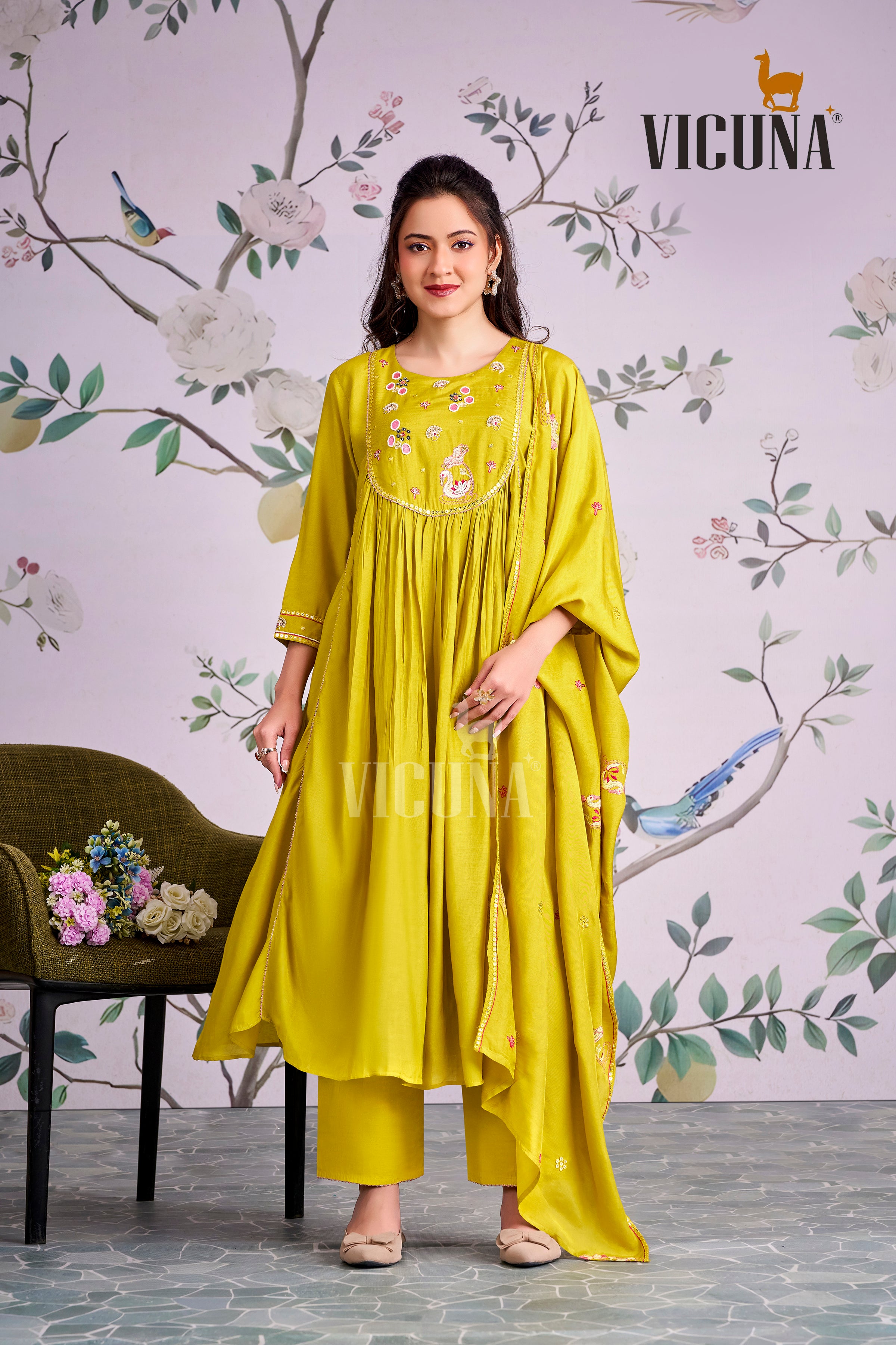 Yellow Muslin Handcrafted Suit Set with Embroidered Dupatta