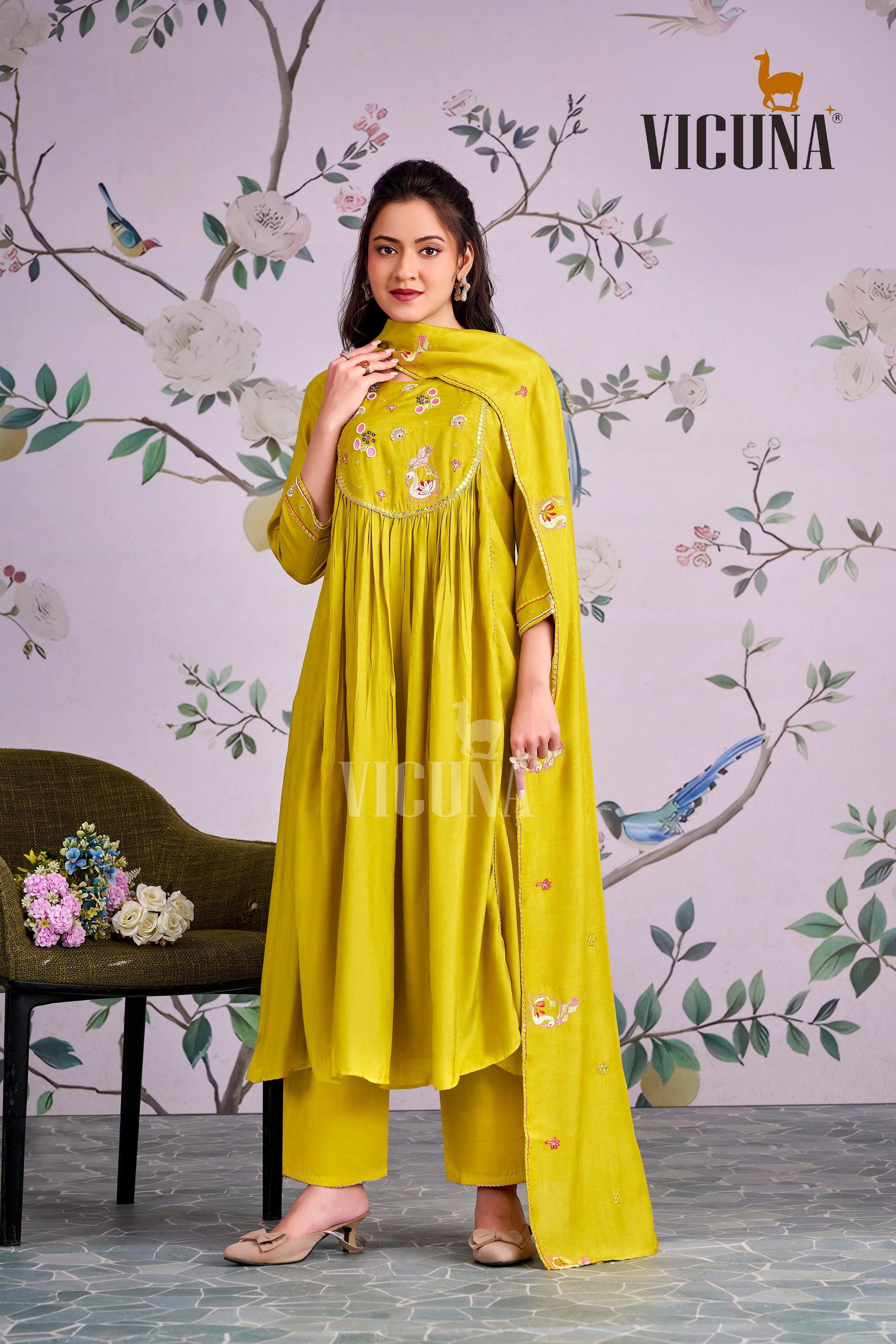 Yellow Muslin Handcrafted Suit Set with Embroidered Dupatta