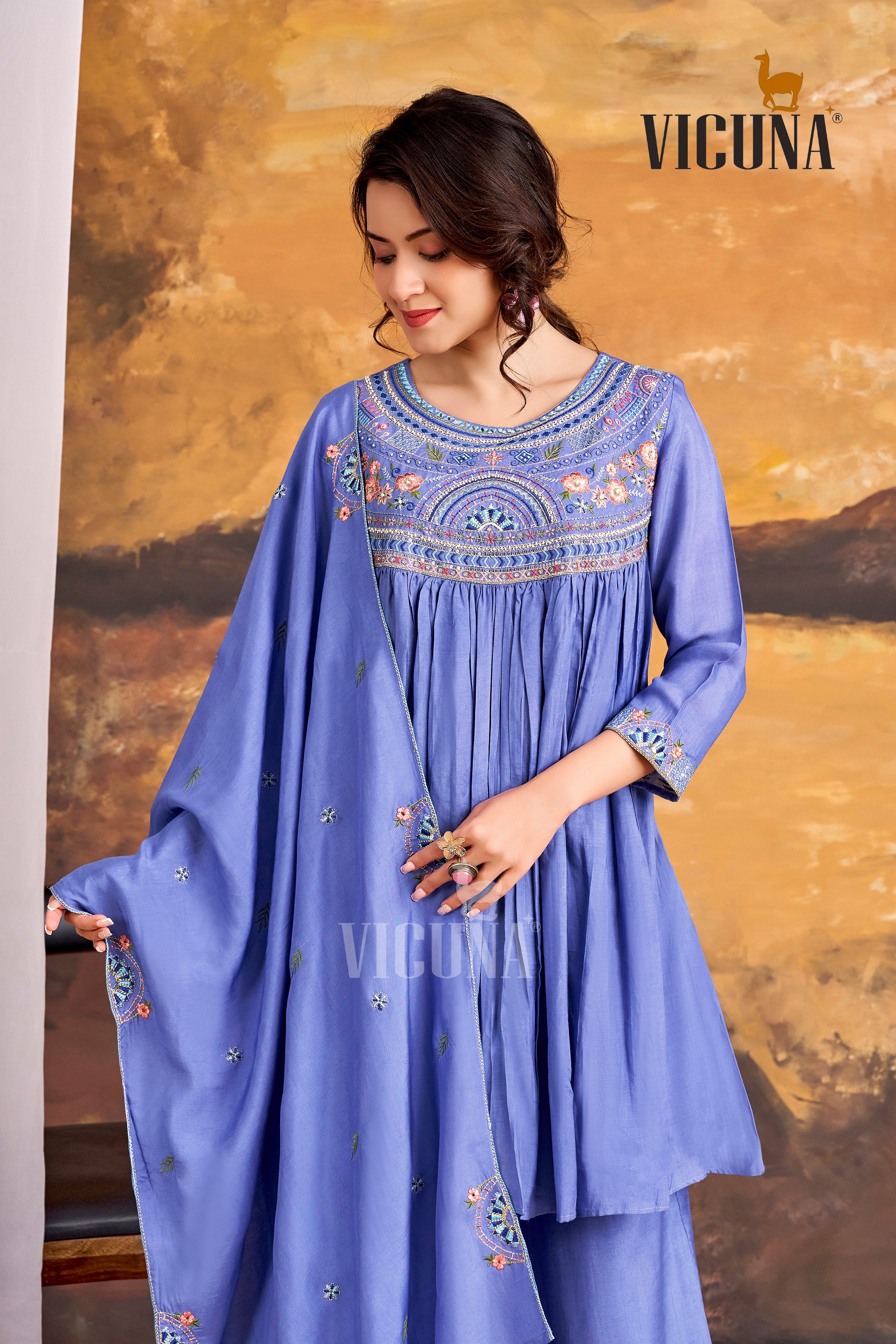 Royal Blue Muslin Short Kurta Set with Embroidered Dupatta