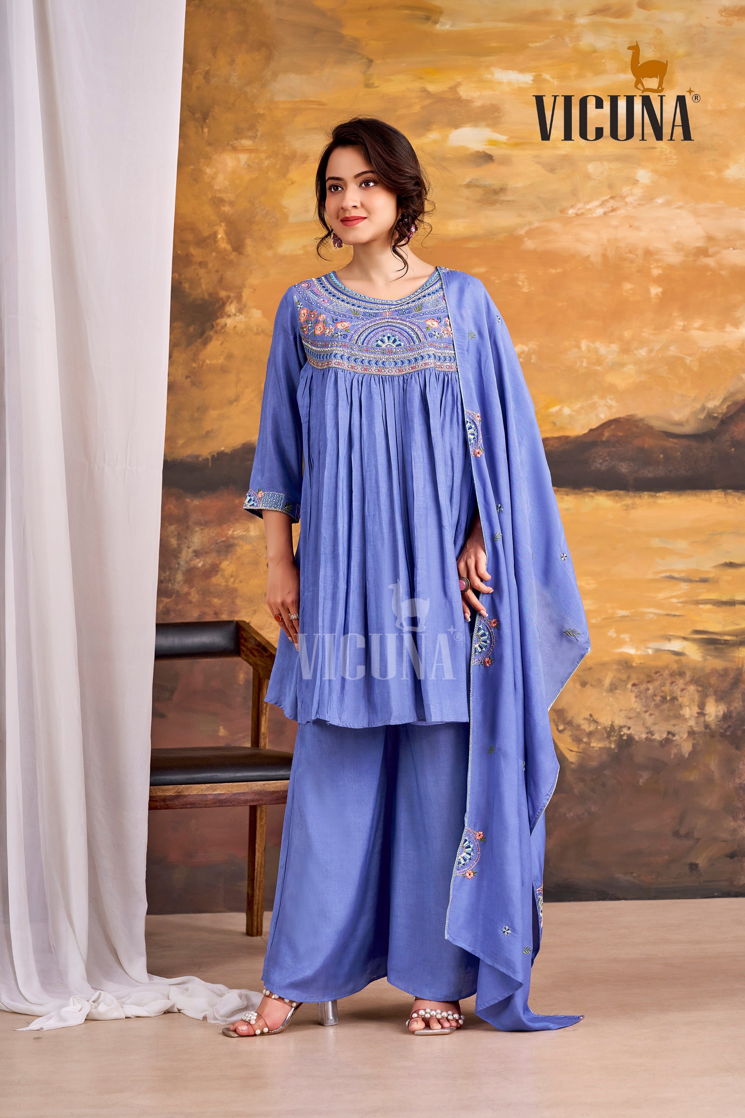 Royal Blue Muslin Short Kurta Set with Embroidered Dupatta