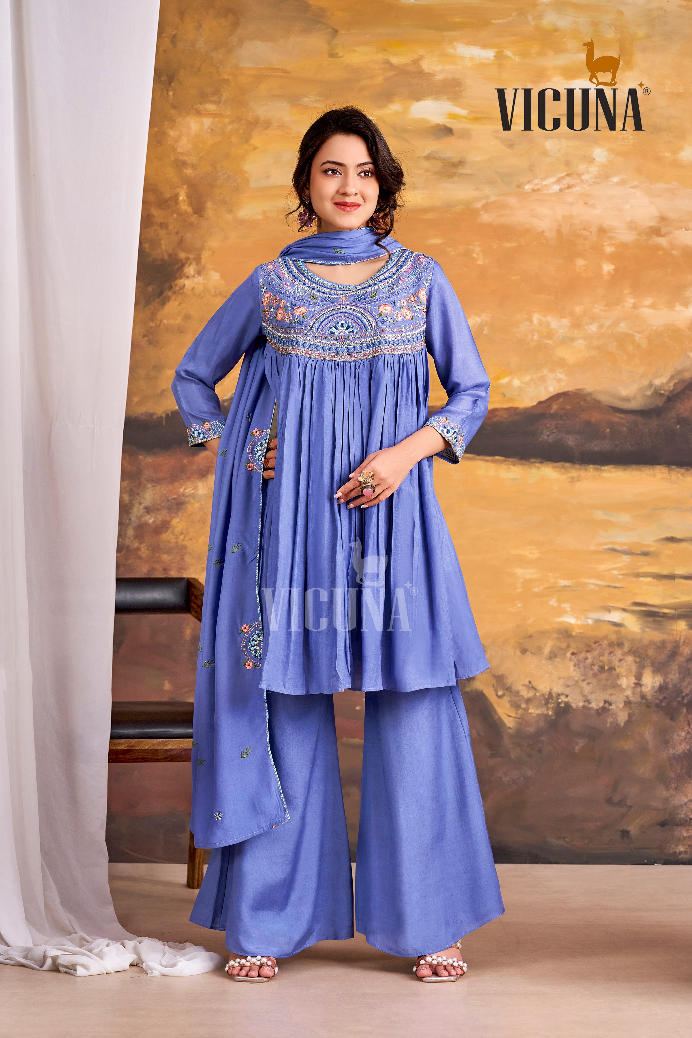Royal Blue Muslin Short Kurta Set with Embroidered Dupatta