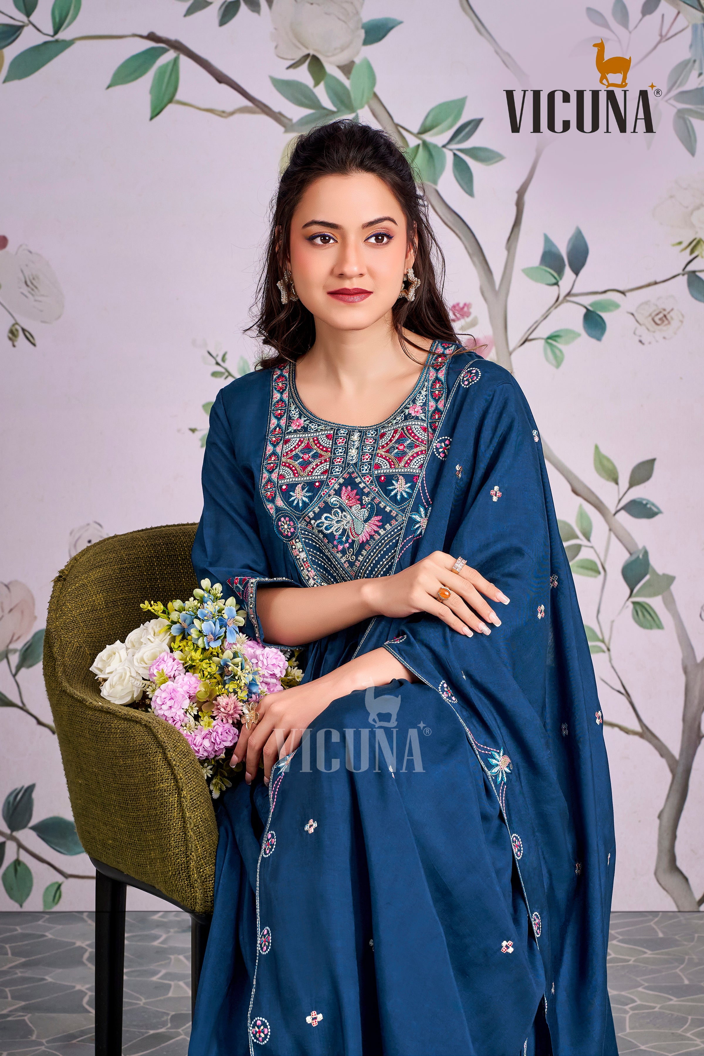 Navy Blue Muslin Handcrafted Suit Set with Embroidered Dupatta