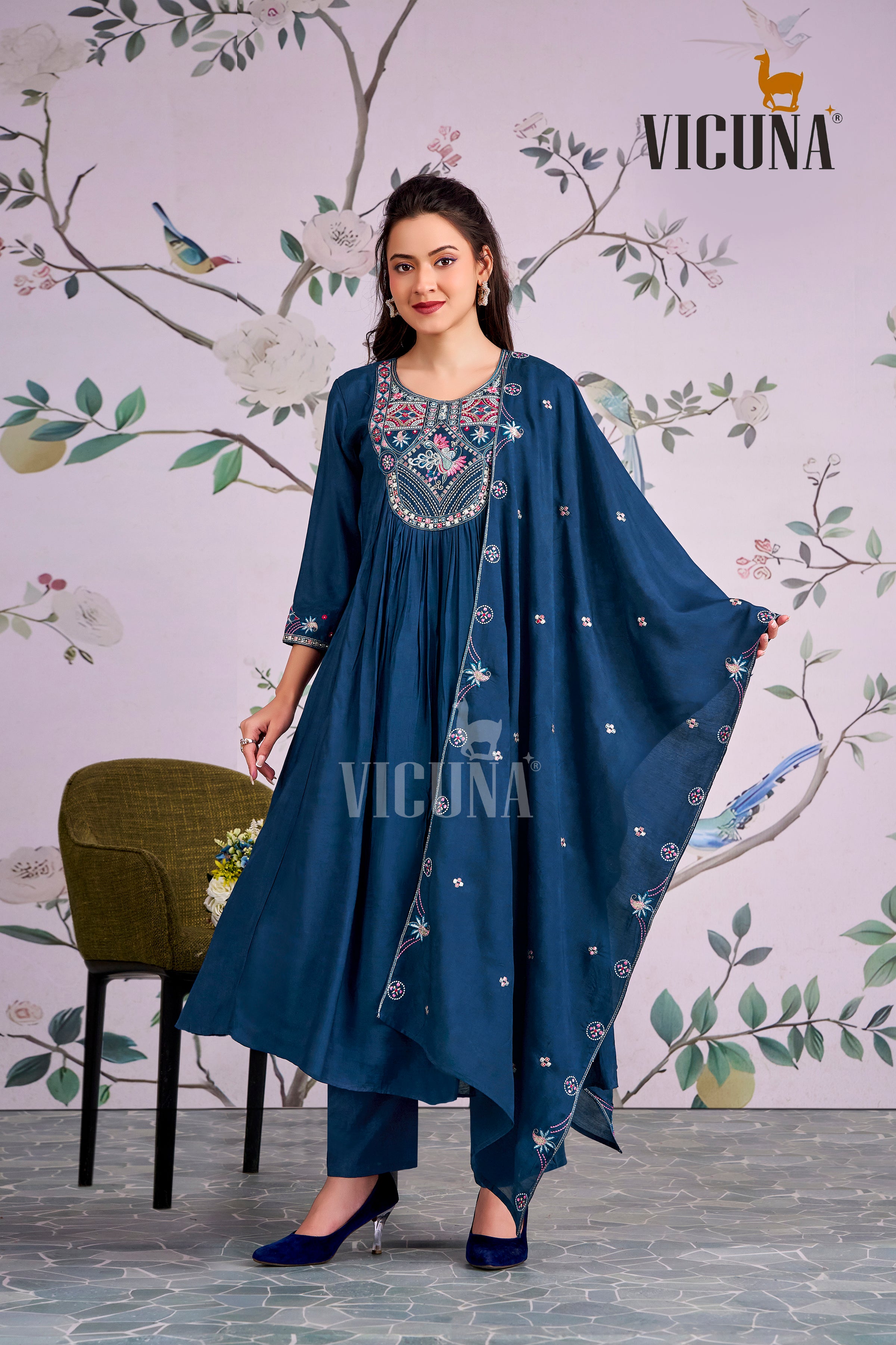Navy Blue Muslin Handcrafted Suit Set with Embroidered Dupatta