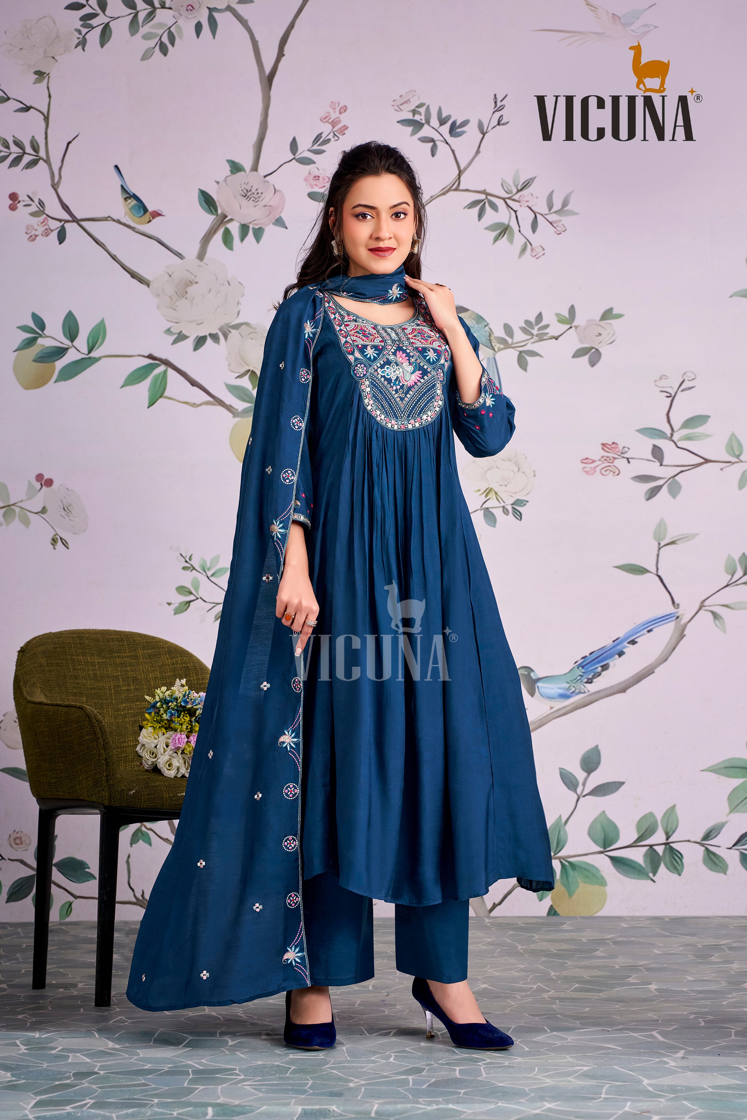 Navy Blue Muslin Handcrafted Suit Set with Embroidered Dupatta