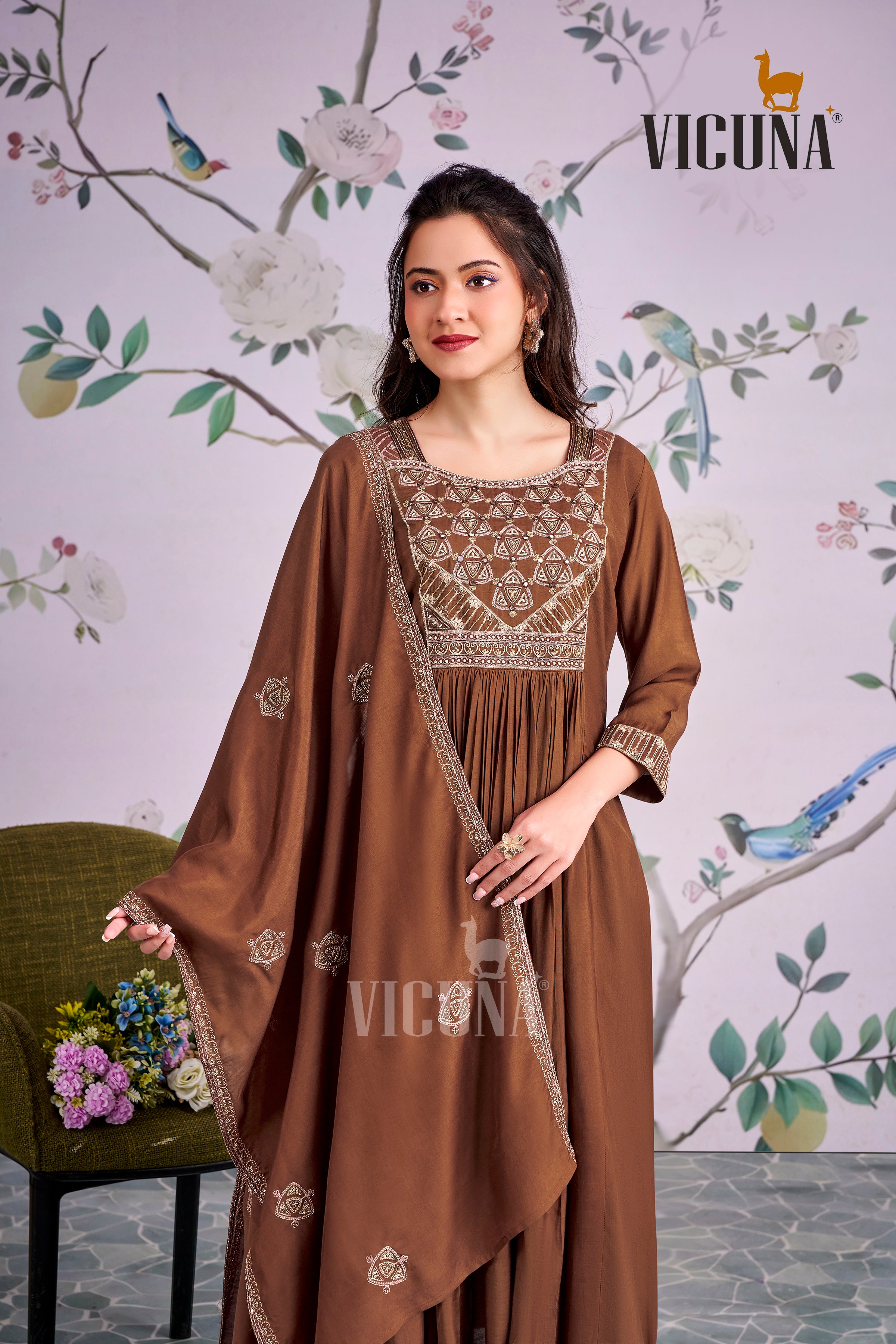 Coffee Muslin Handcrafted Suit Set with Embroidered Dupatta