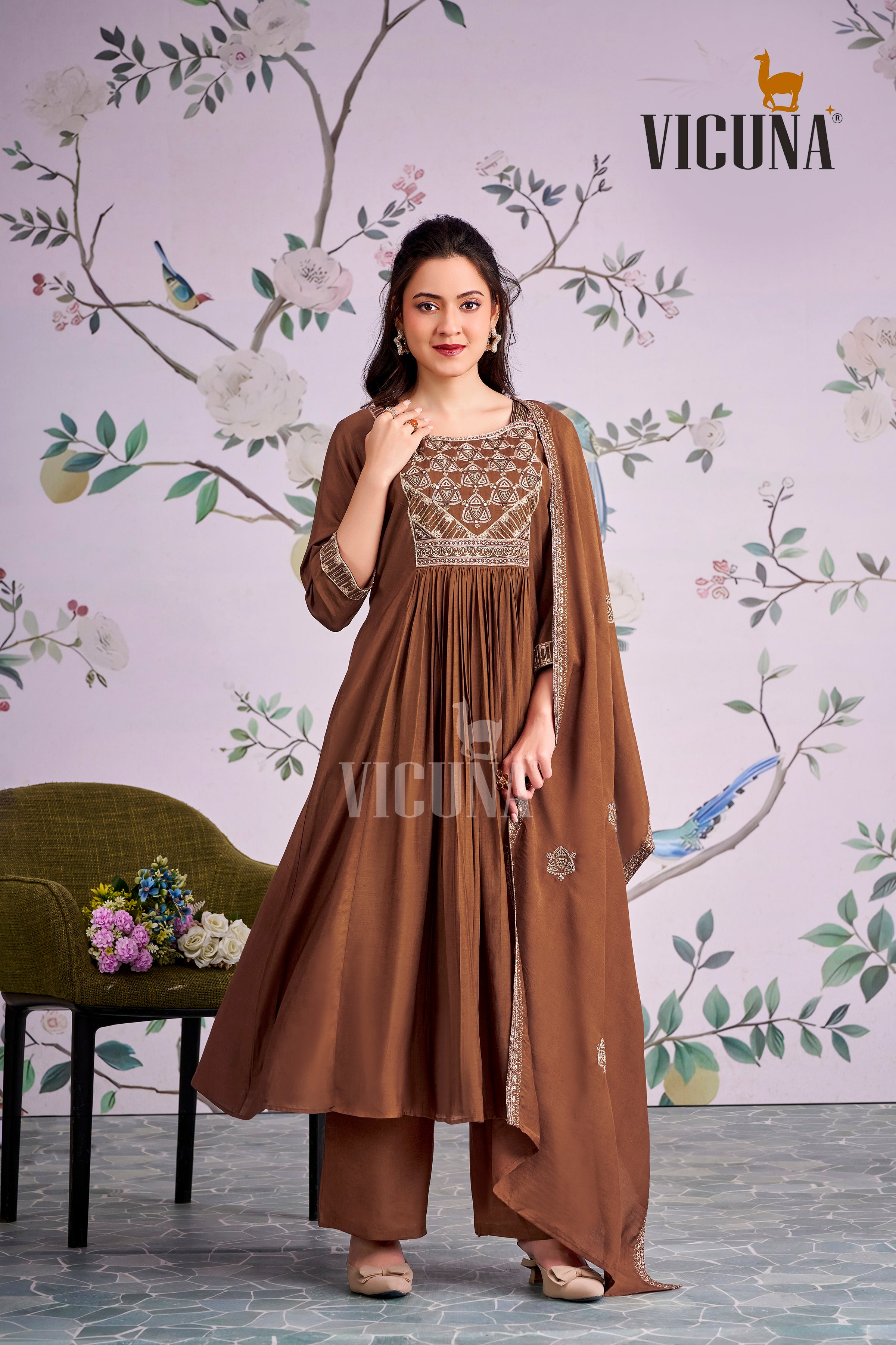 Coffee Muslin Handcrafted Suit Set with Embroidered Dupatta