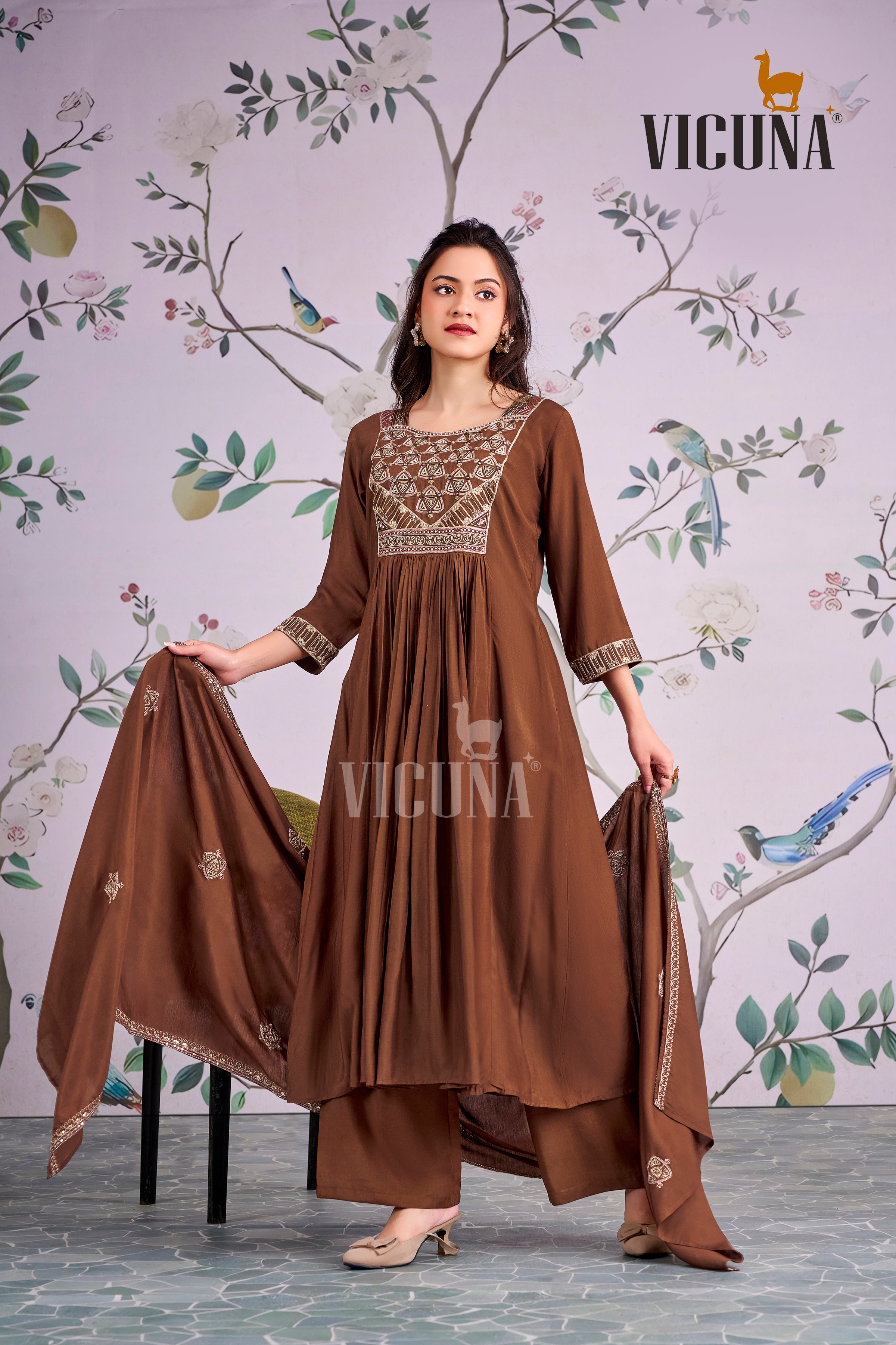 Coffee Muslin Handcrafted Suit Set with Embroidered Dupatta