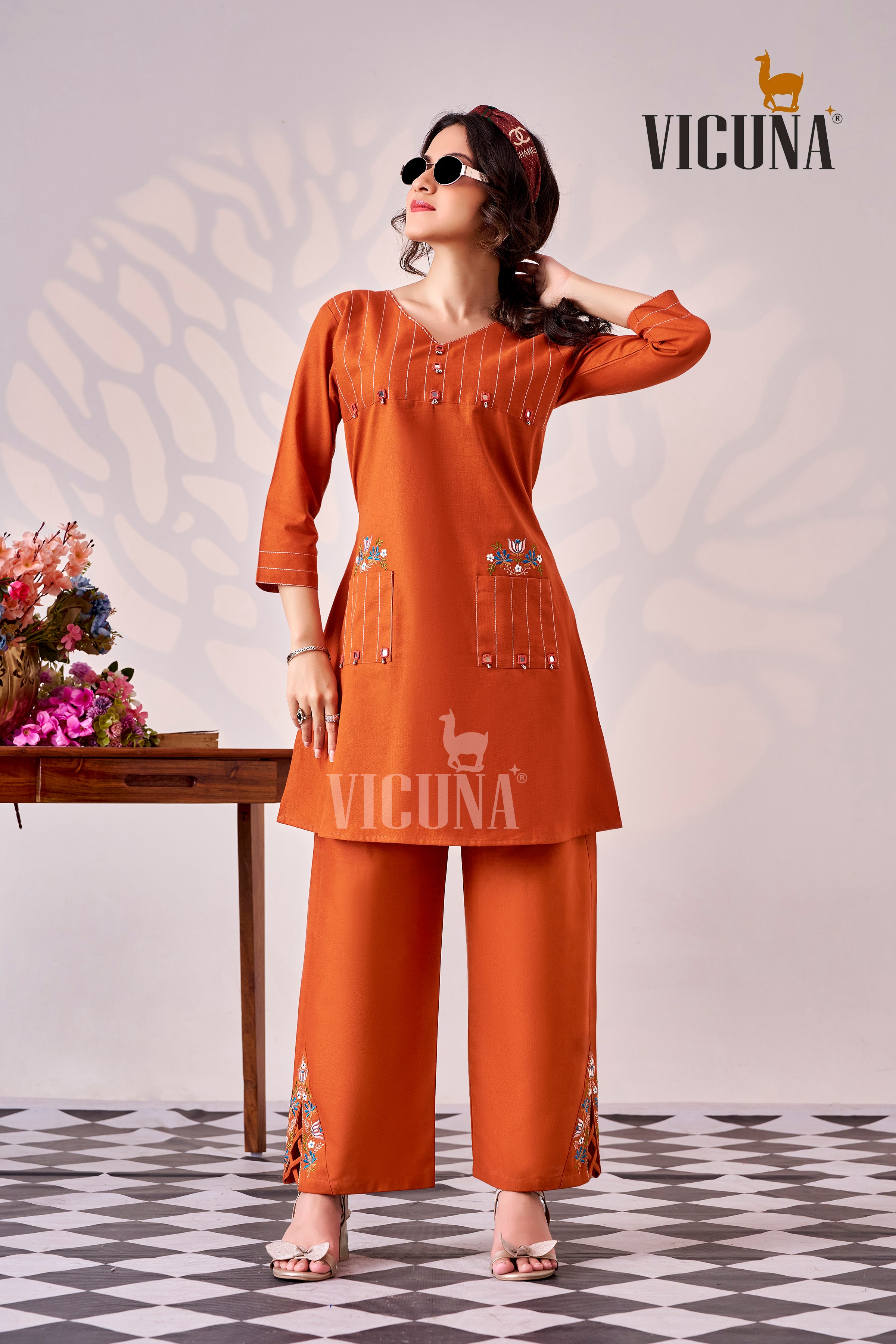 Orange Dhabu Cotton Short Suit Set with Mirror Work