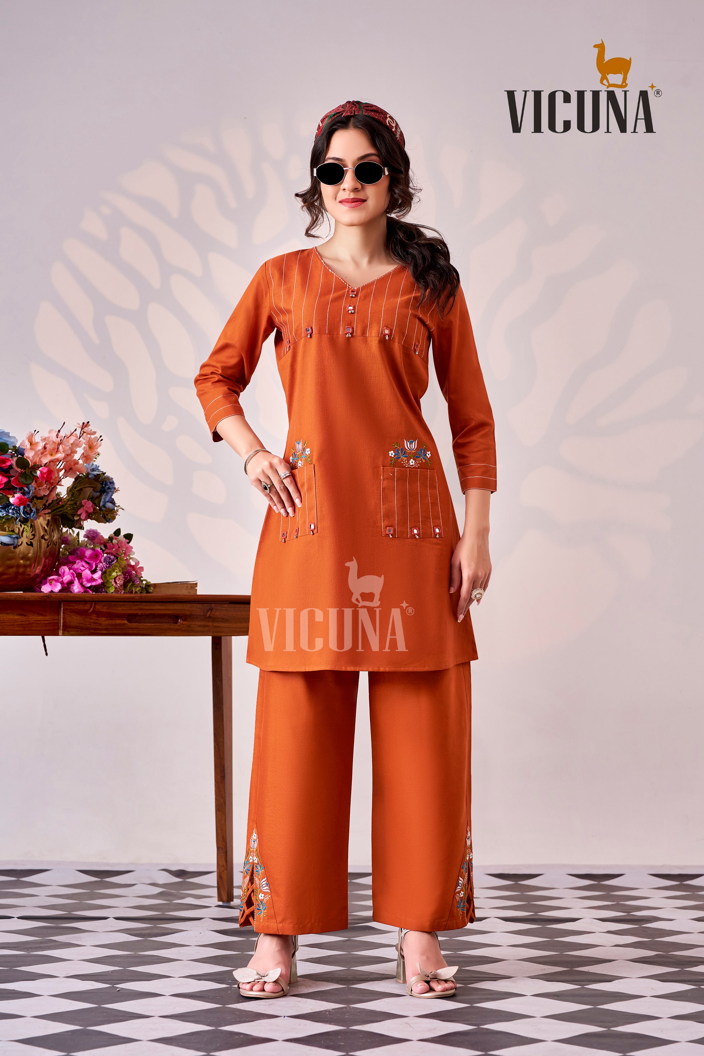 Orange Dhabu Cotton Short Suit Set with Mirror Work