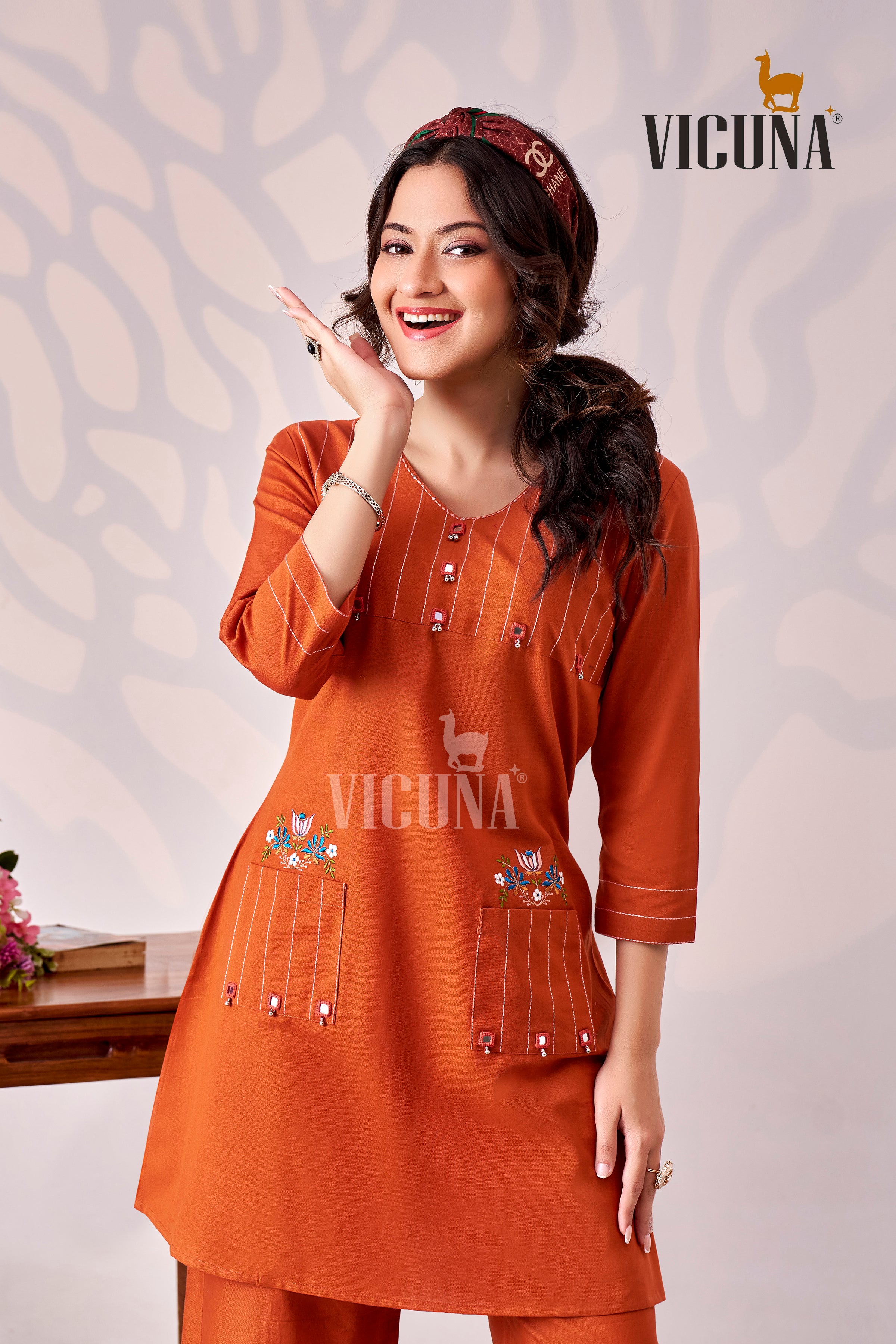 Orange Dhabu Cotton Short Suit Set with Mirror Work