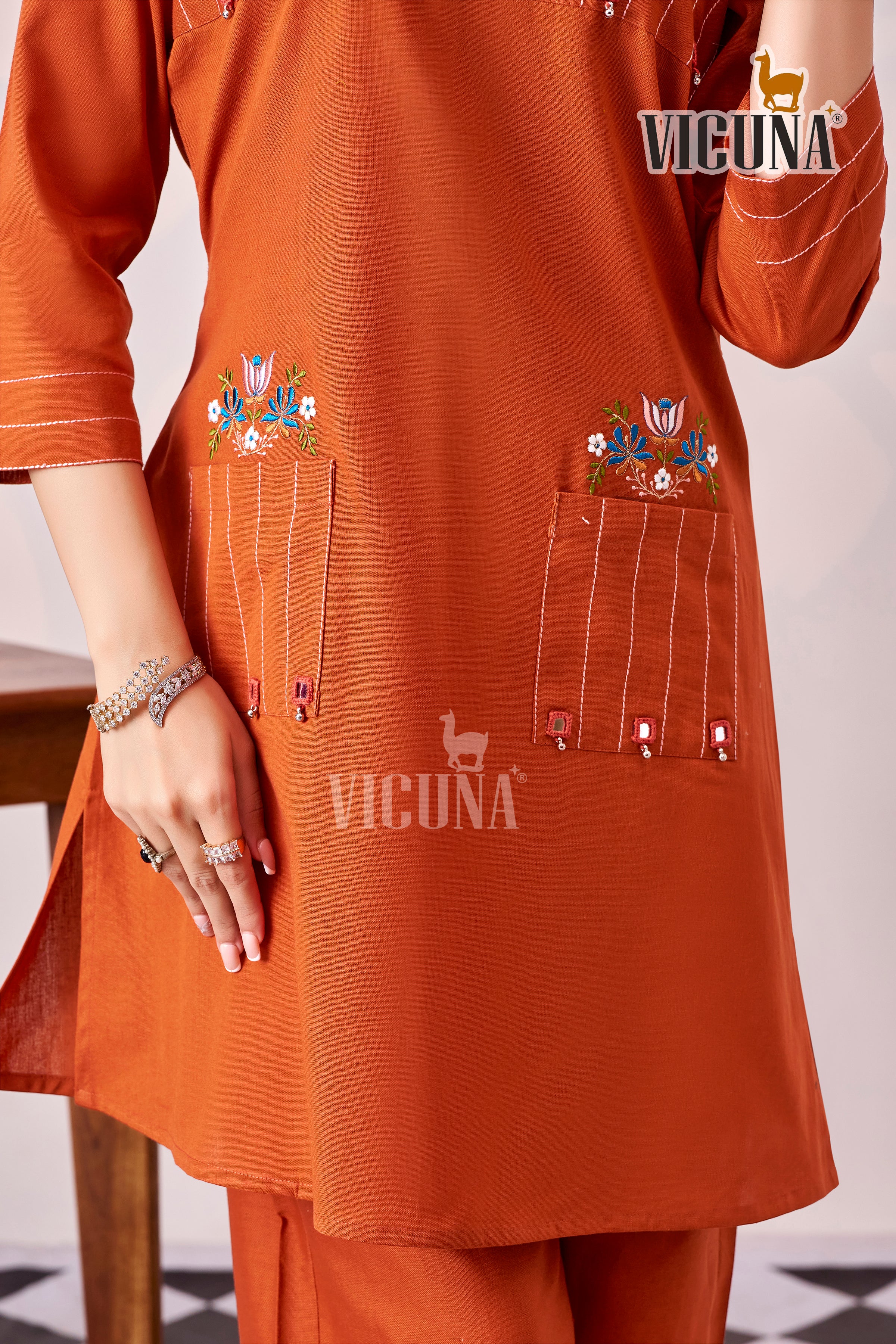 Orange Dhabu Cotton Short Suit Set with Mirror Work