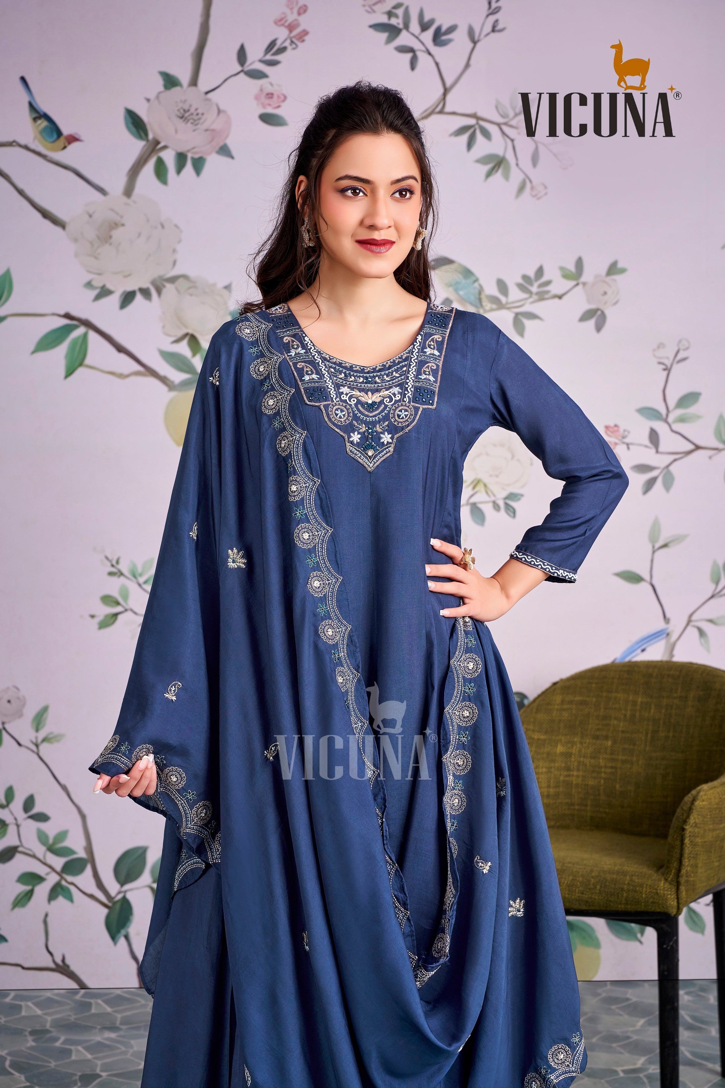 Navy Blue Muslin Handcrafted Suit Set with Embroidered Dupatta