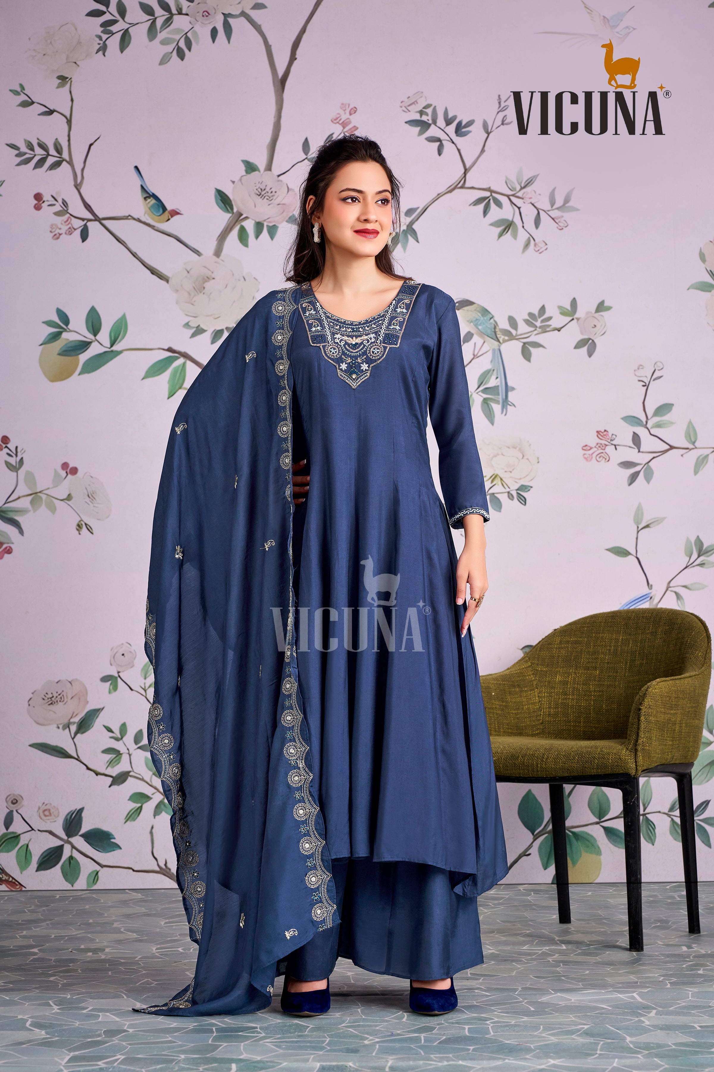 Navy Blue Muslin Handcrafted Suit Set with Embroidered Dupatta