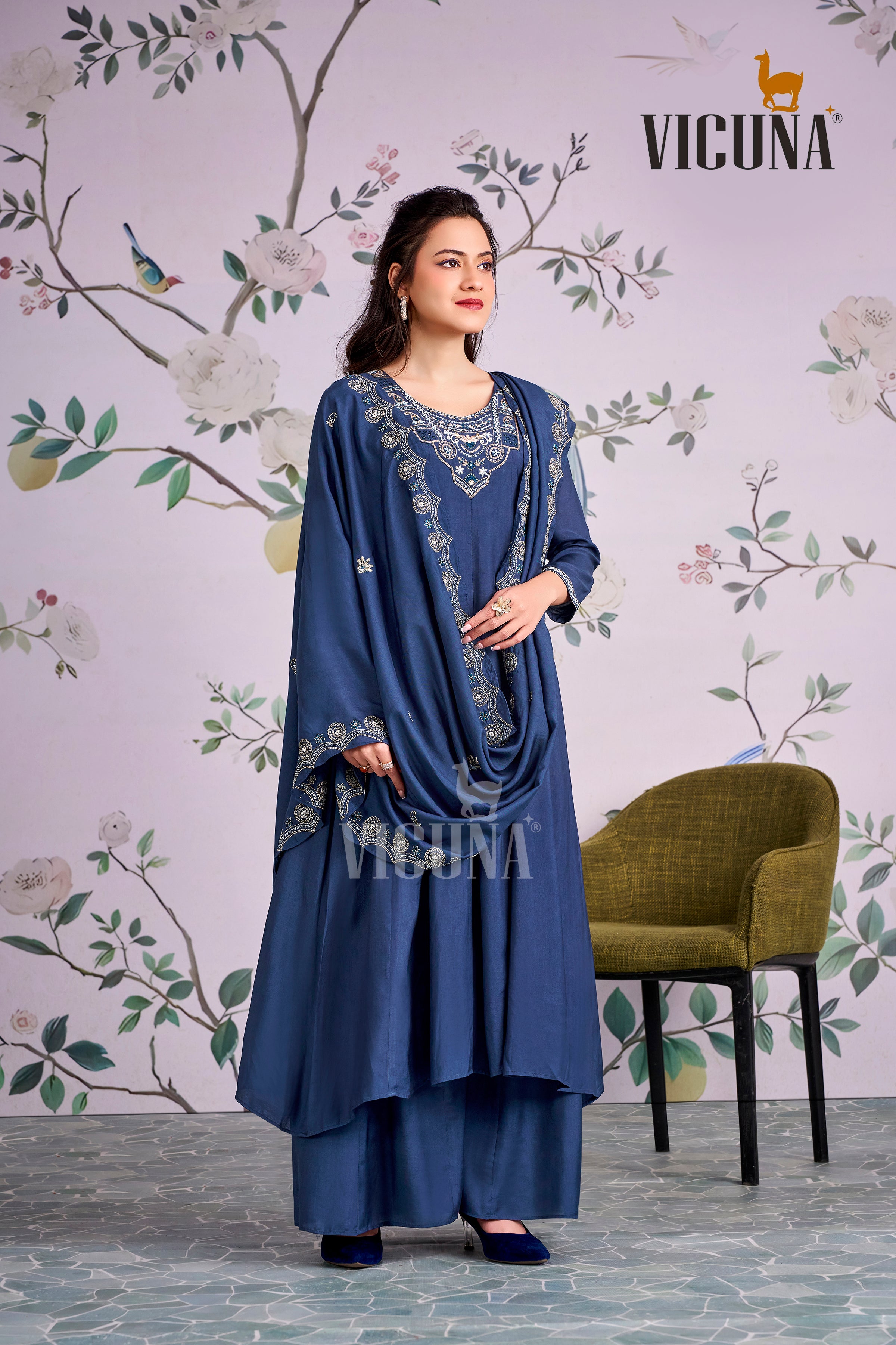 Navy Blue Muslin Handcrafted Suit Set with Embroidered Dupatta