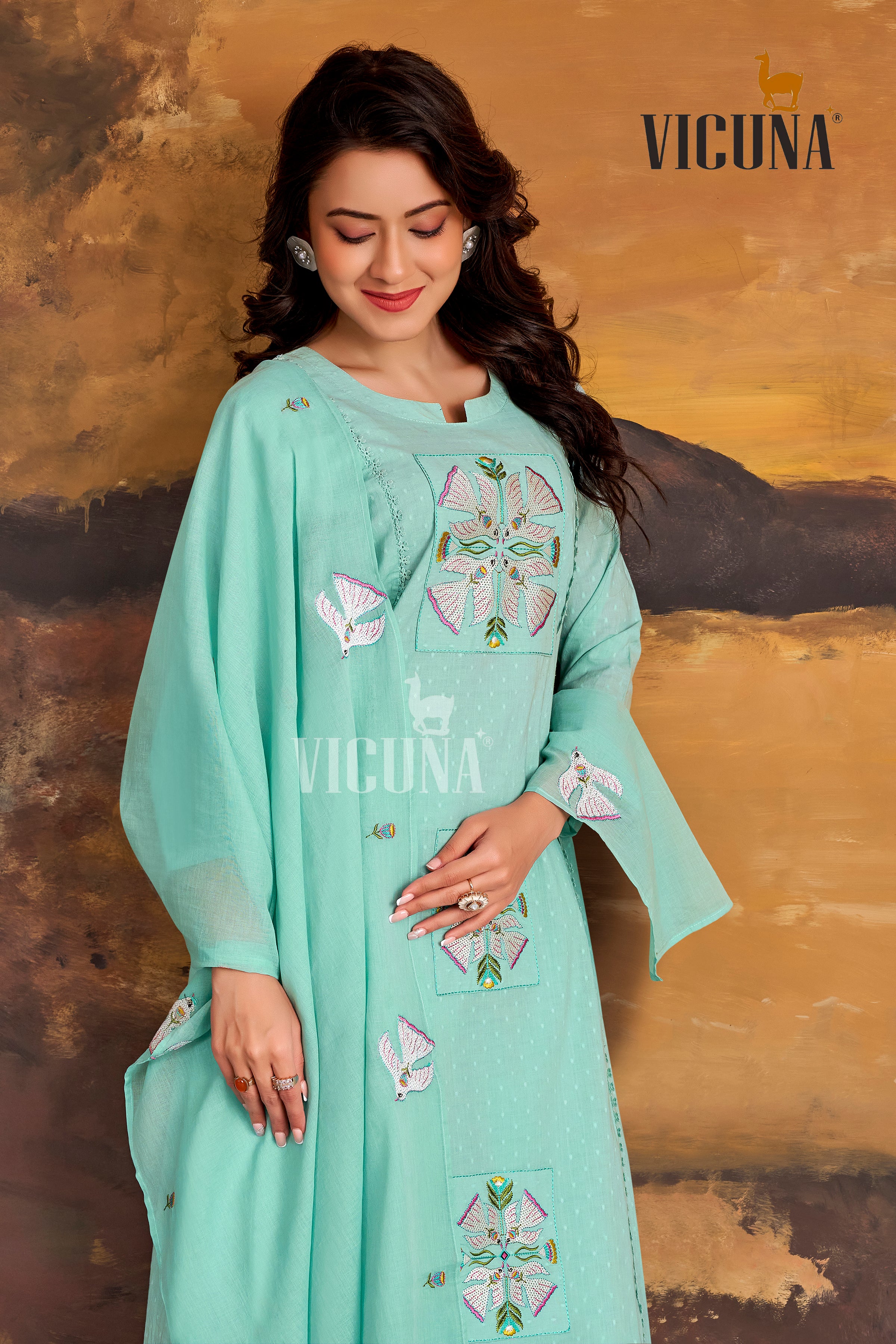Cotton A-Line Embroidered Suit Set with Embroidered Dupatta