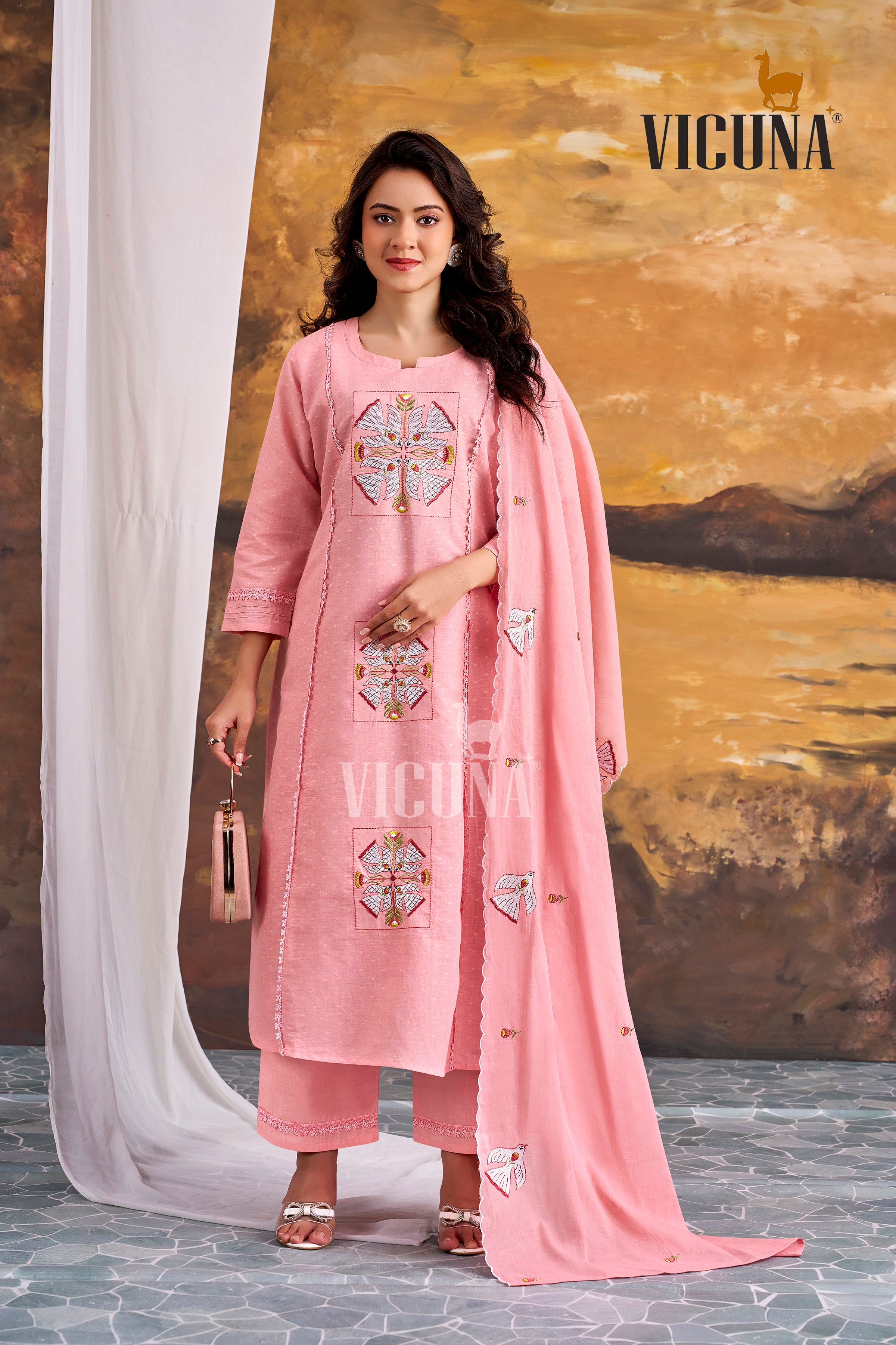 Cotton A-Line Embroidered Suit Set with Embroidered Dupatta