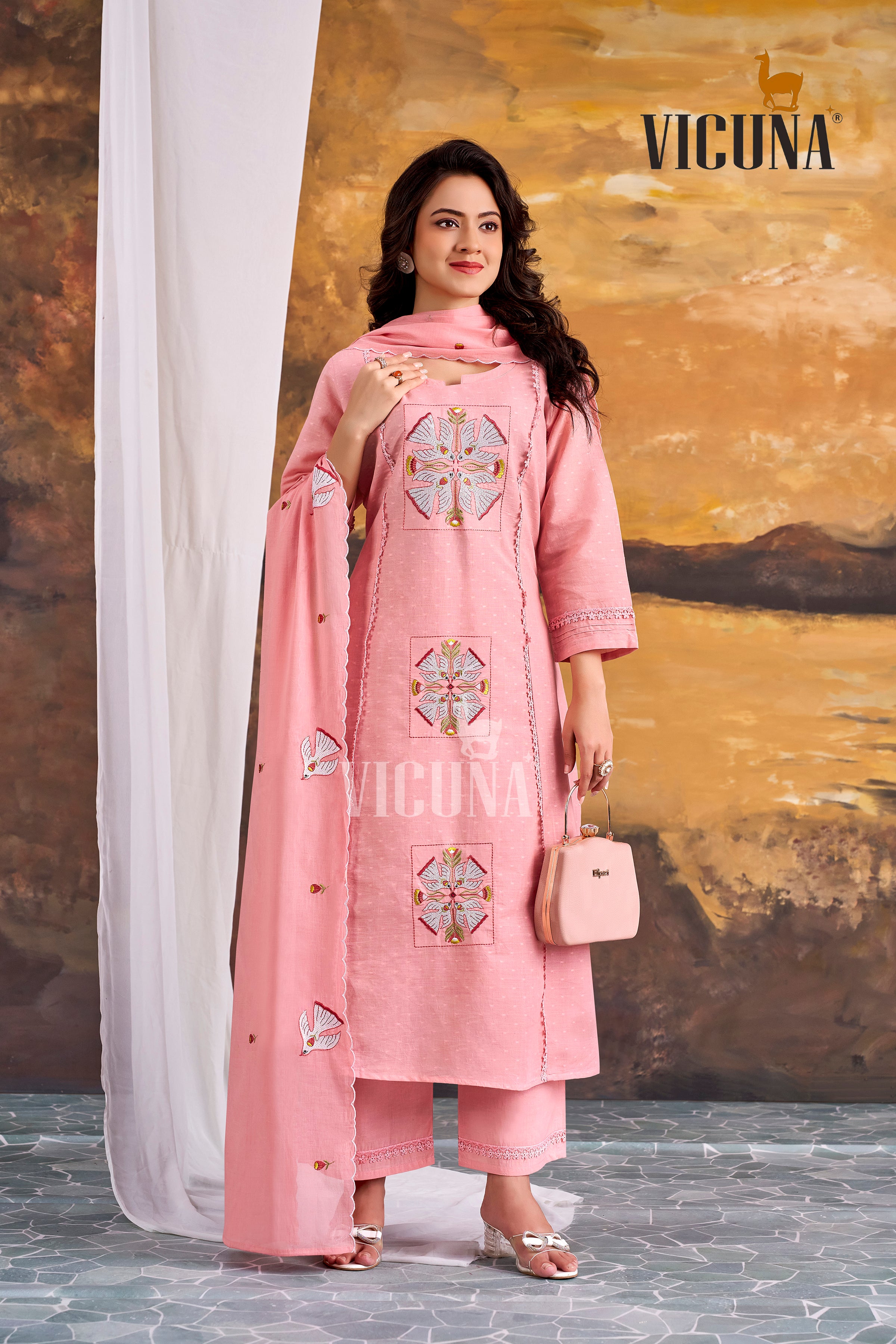 Cotton A-Line Embroidered Suit Set with Embroidered Dupatta