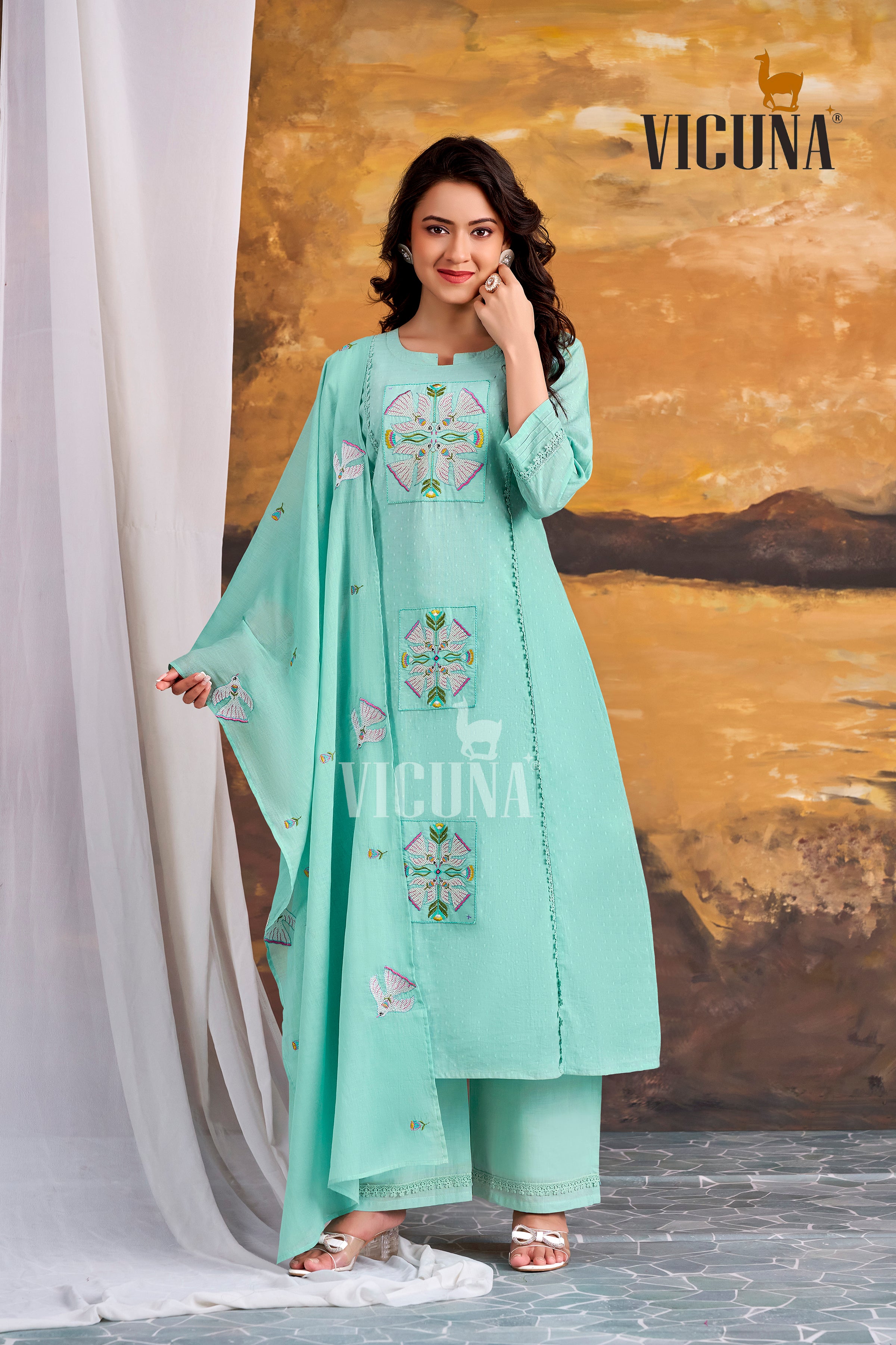 Cotton A-Line Embroidered Suit Set with Embroidered Dupatta