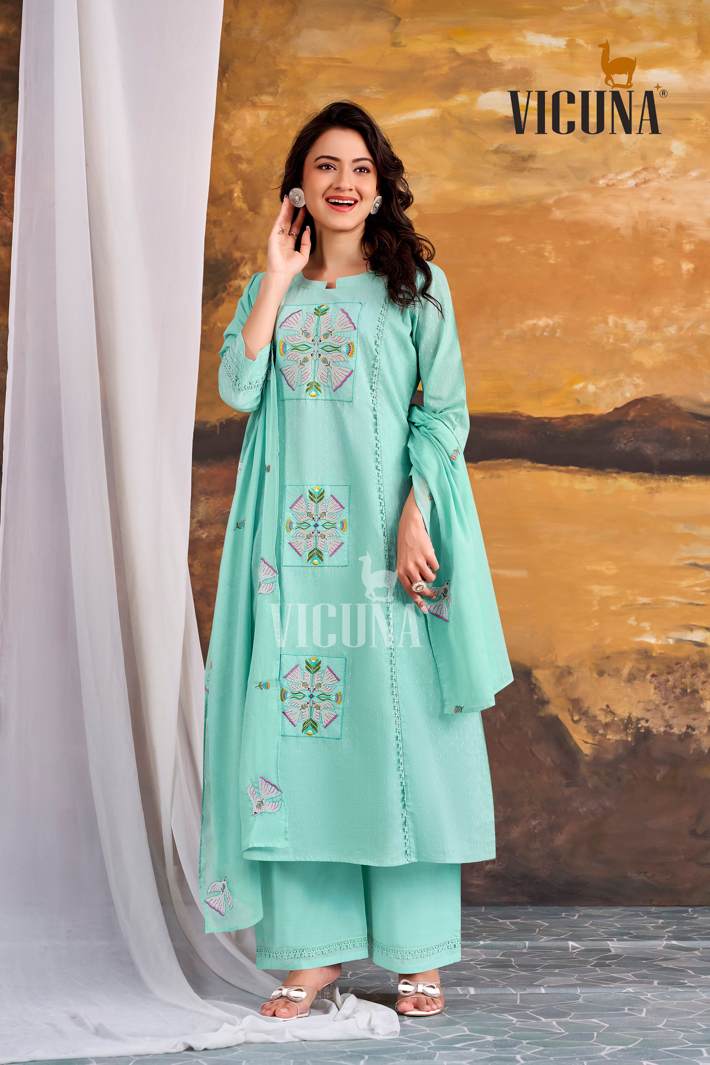 Cotton A-Line Embroidered Suit Set with Embroidered Dupatta