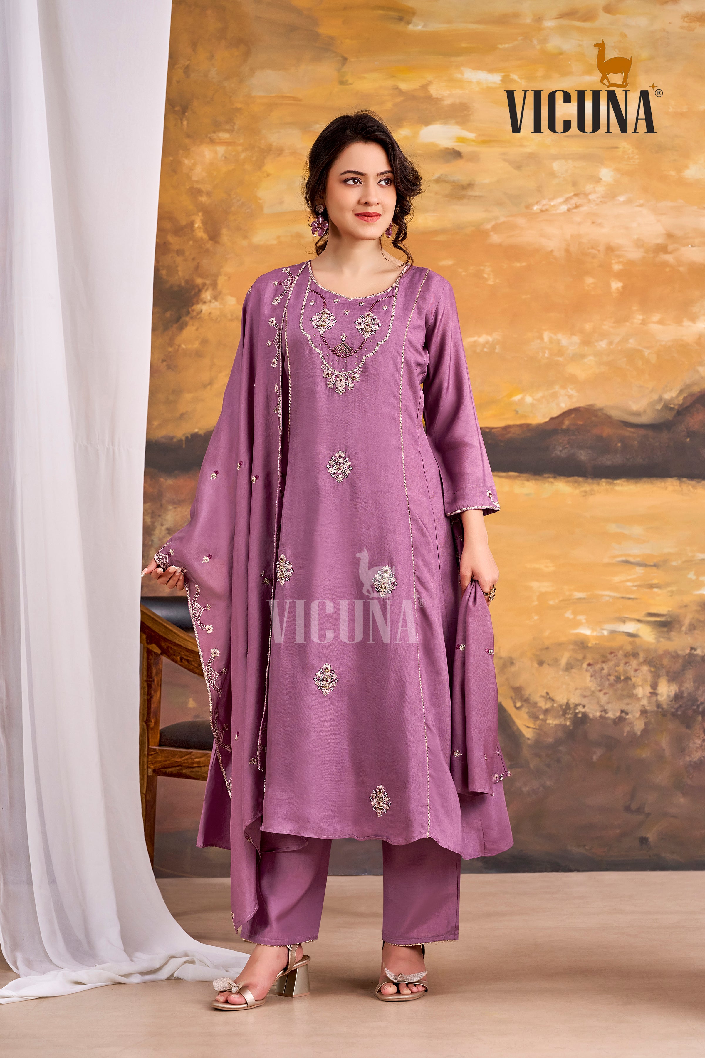 Onion Muslin Handcrafted Suit Set with Embroidered Dupatta