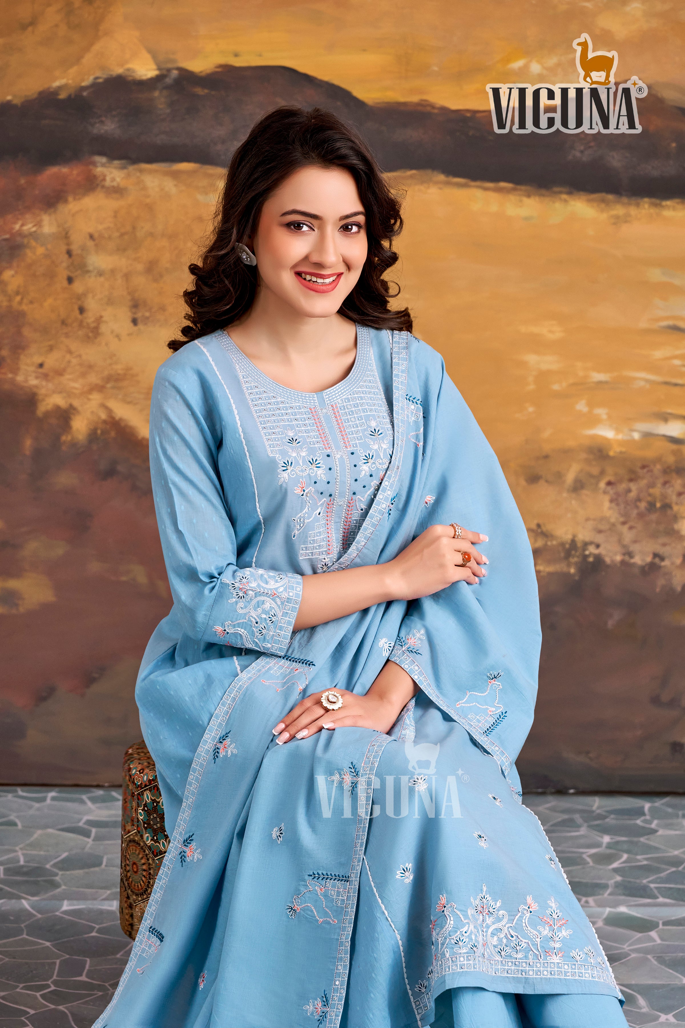 Pure Cotton A-Line Embroidered Suit Set with Handcrafted Dupatta in Firozi, Purple & Lemon