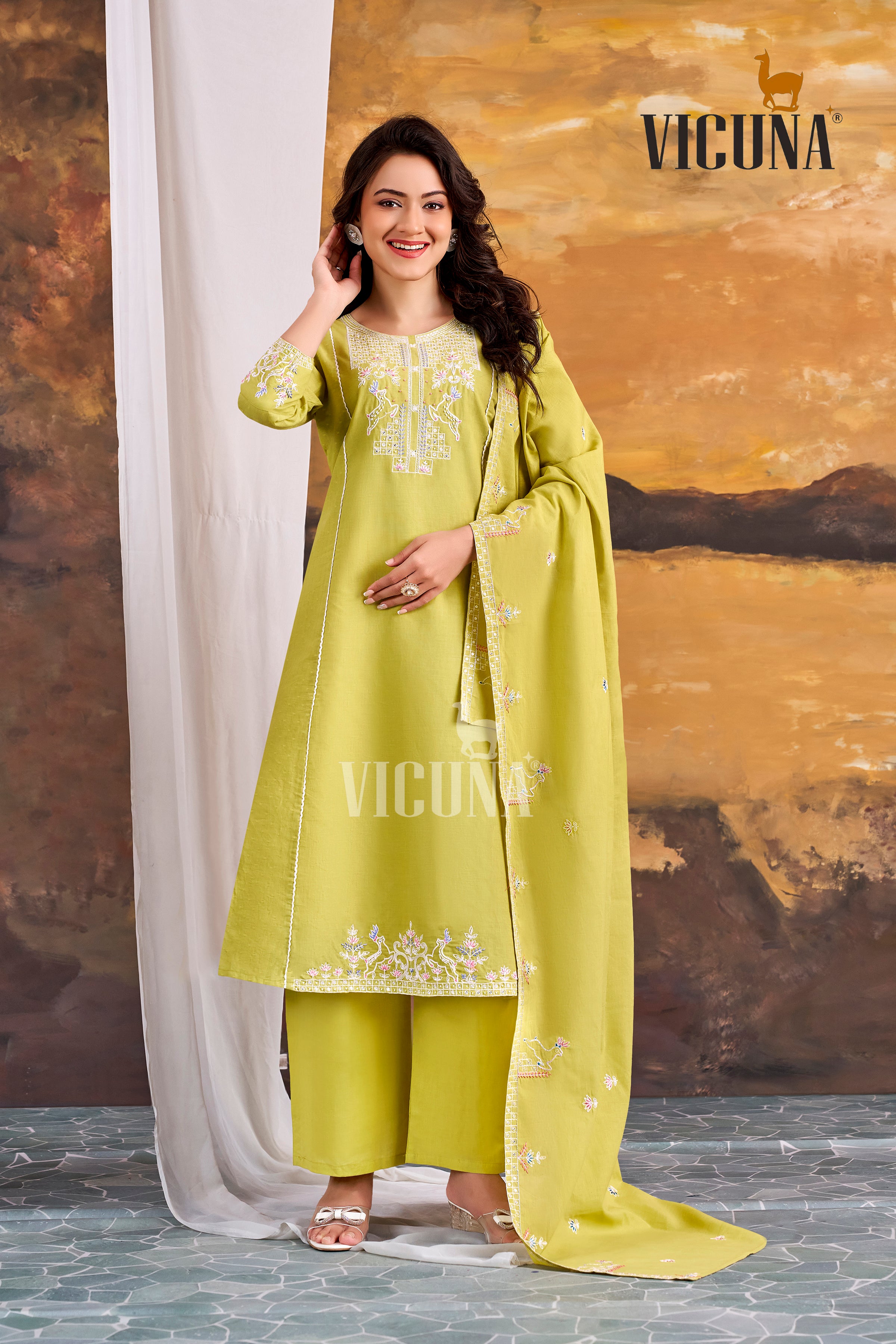 Pure Cotton A-Line Embroidered Suit Set with Handcrafted Dupatta in Firozi, Purple & Lemon