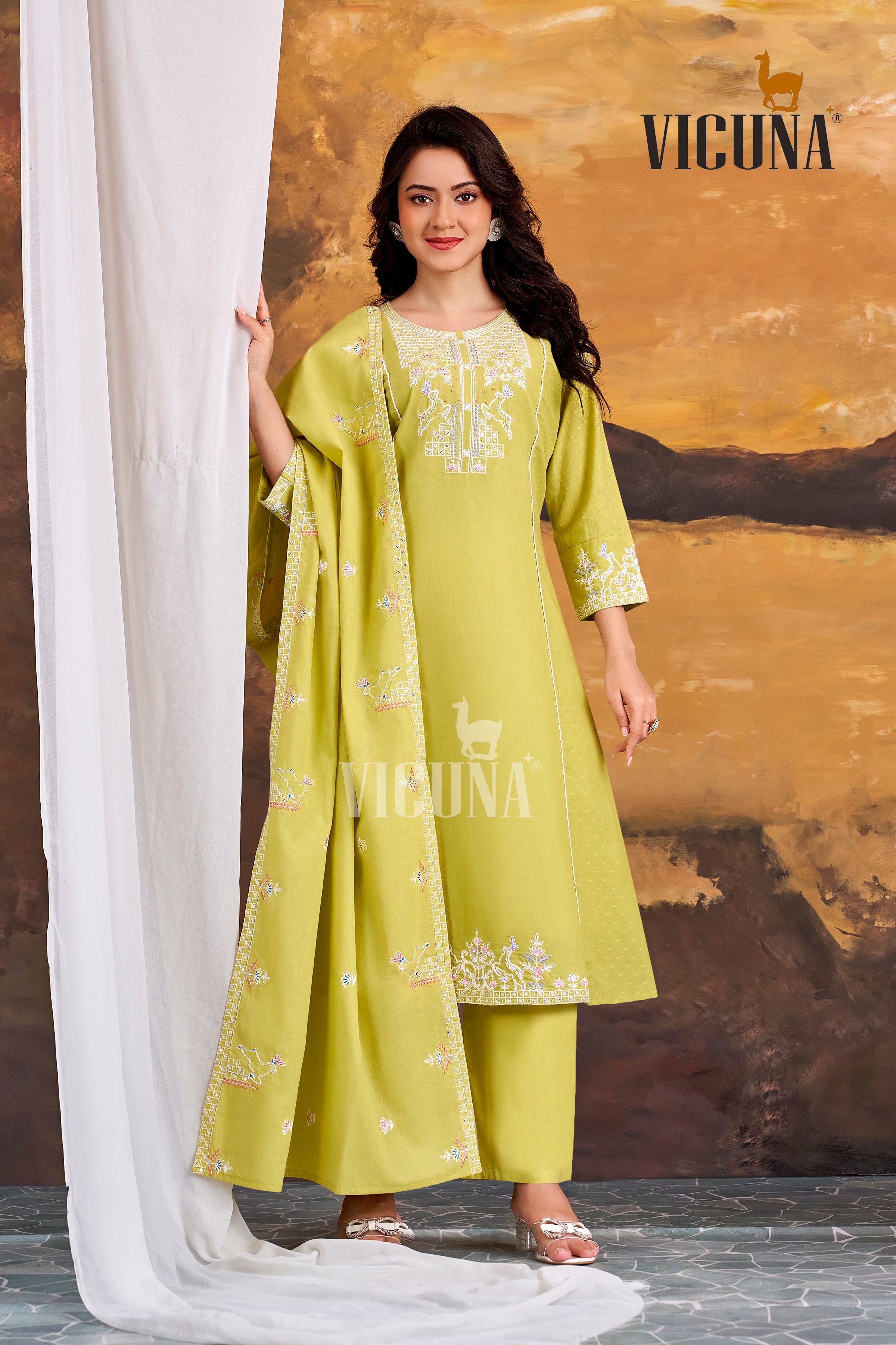 Pure Cotton A-Line Embroidered Suit Set with Handcrafted Dupatta in Firozi, Purple & Lemon