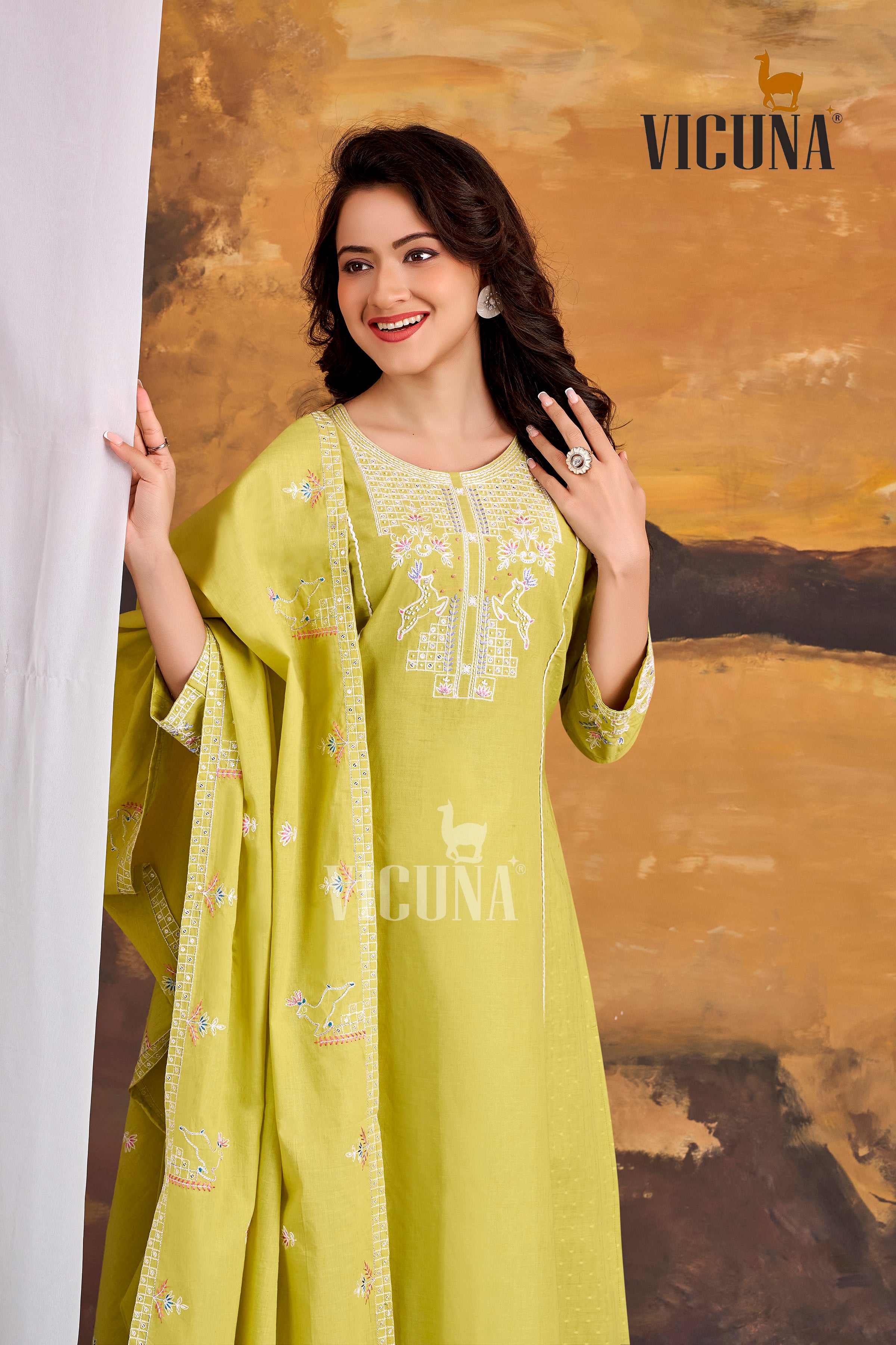 Pure Cotton A-Line Embroidered Suit Set with Handcrafted Dupatta in Firozi, Purple & Lemon