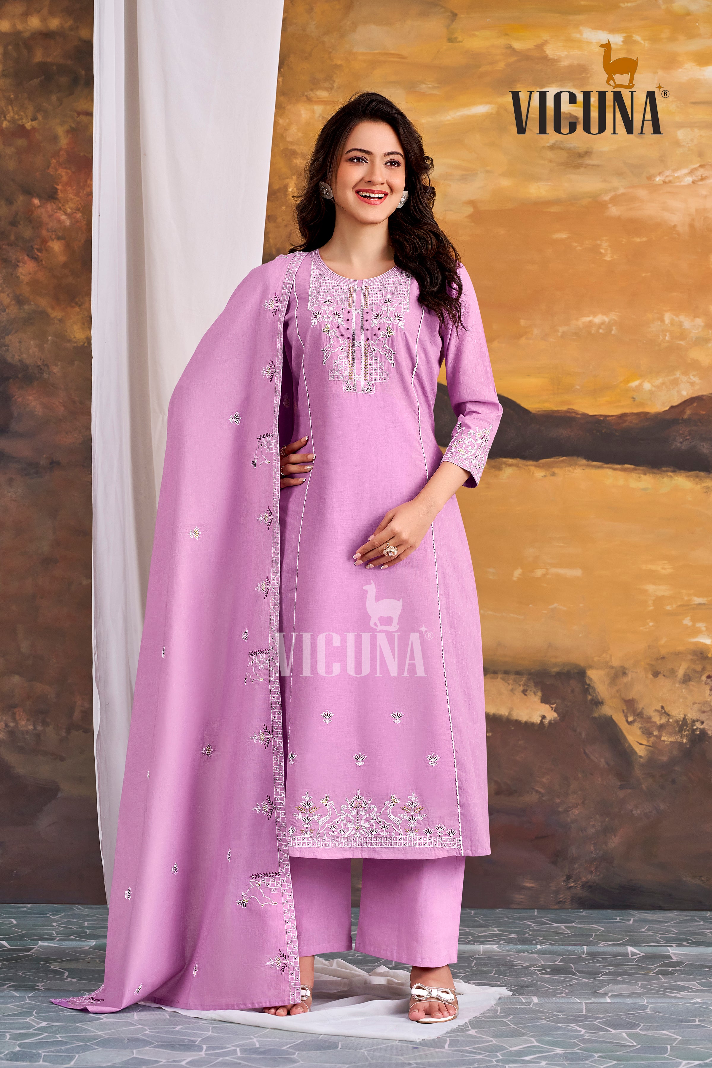 Pure Cotton A-Line Embroidered Suit Set with Handcrafted Dupatta in Firozi, Purple & Lemon