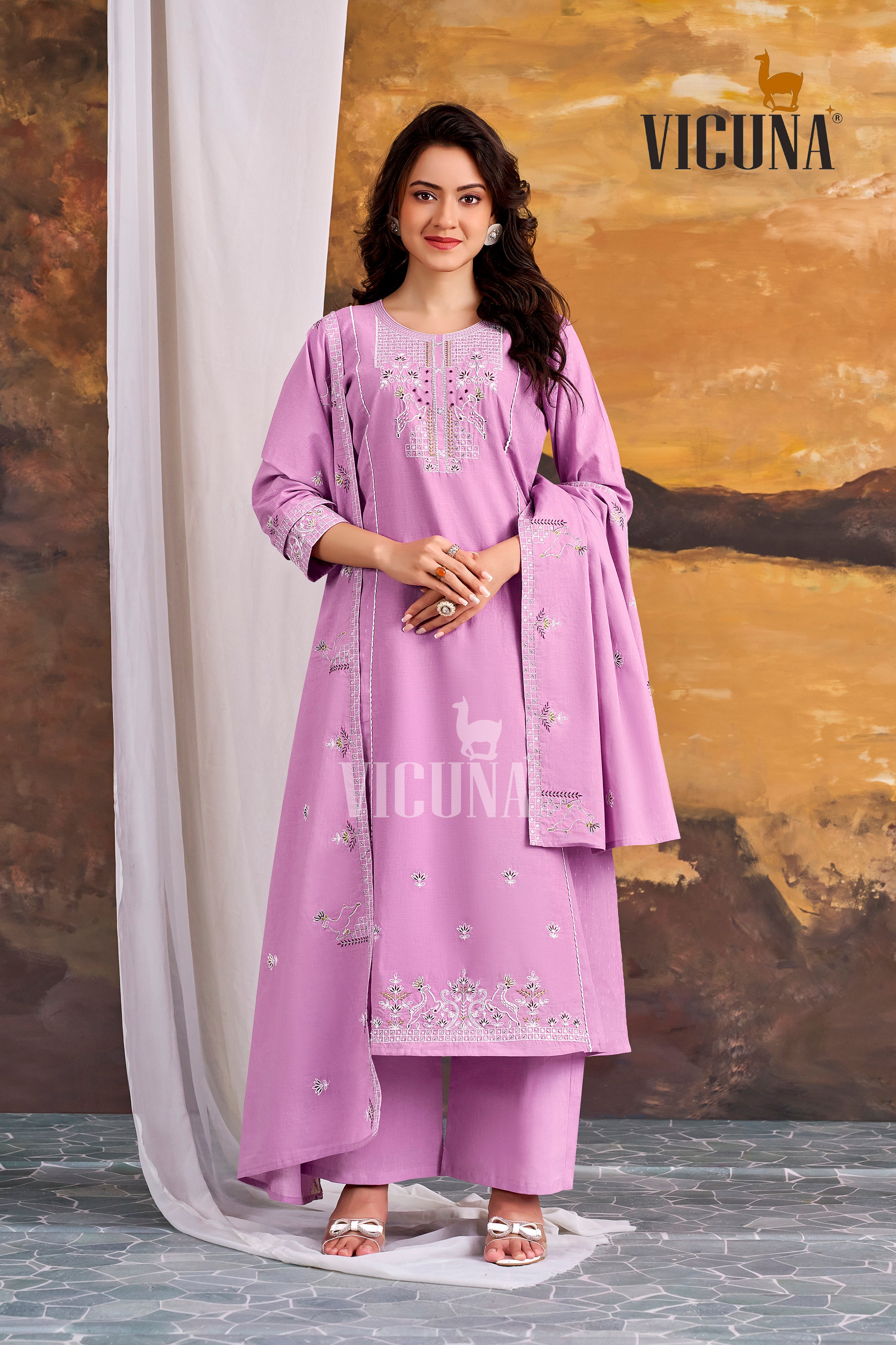 Pure Cotton A-Line Embroidered Suit Set with Handcrafted Dupatta in Firozi, Purple & Lemon
