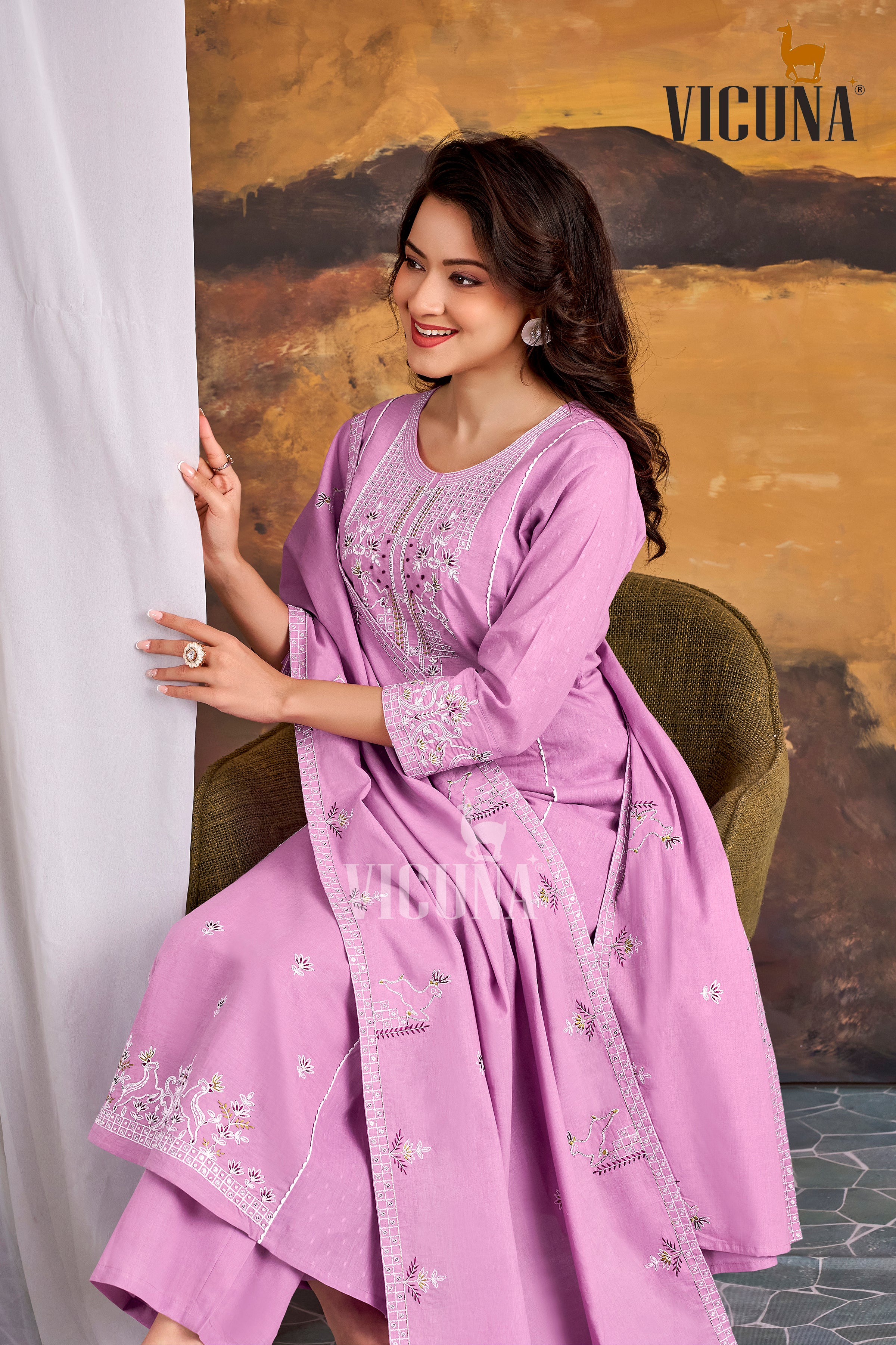 Pure Cotton A-Line Embroidered Suit Set with Handcrafted Dupatta in Firozi, Purple & Lemon