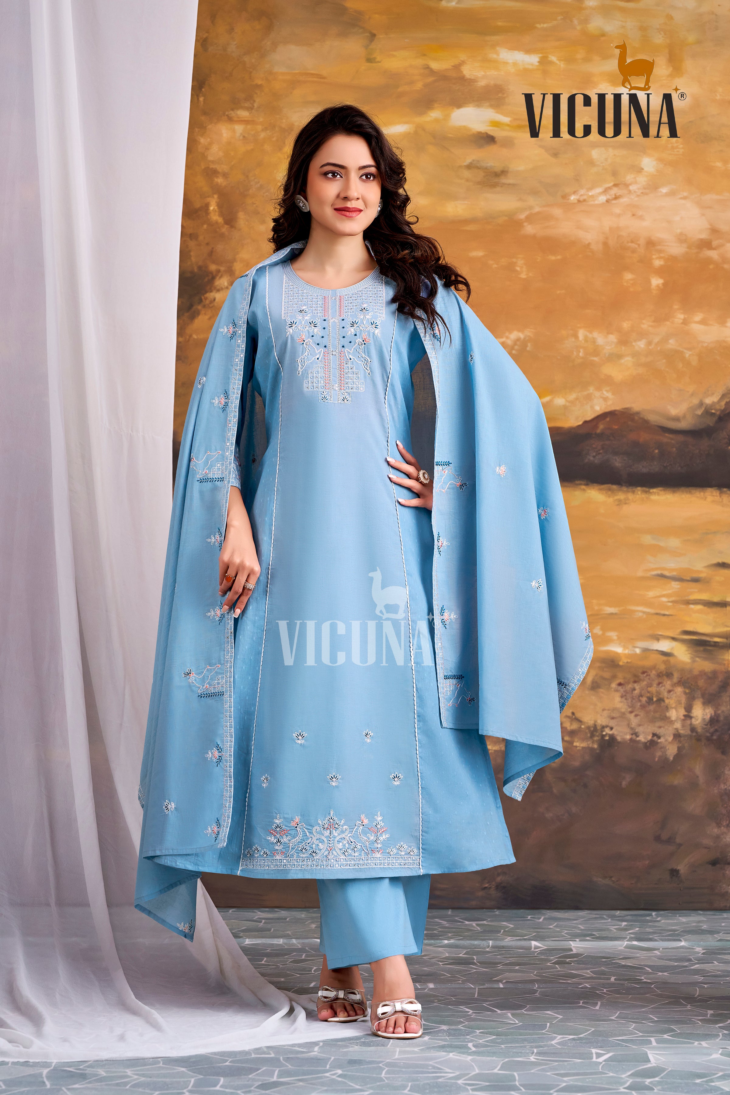 Pure Cotton A-Line Embroidered Suit Set with Handcrafted Dupatta in Firozi, Purple & Lemon