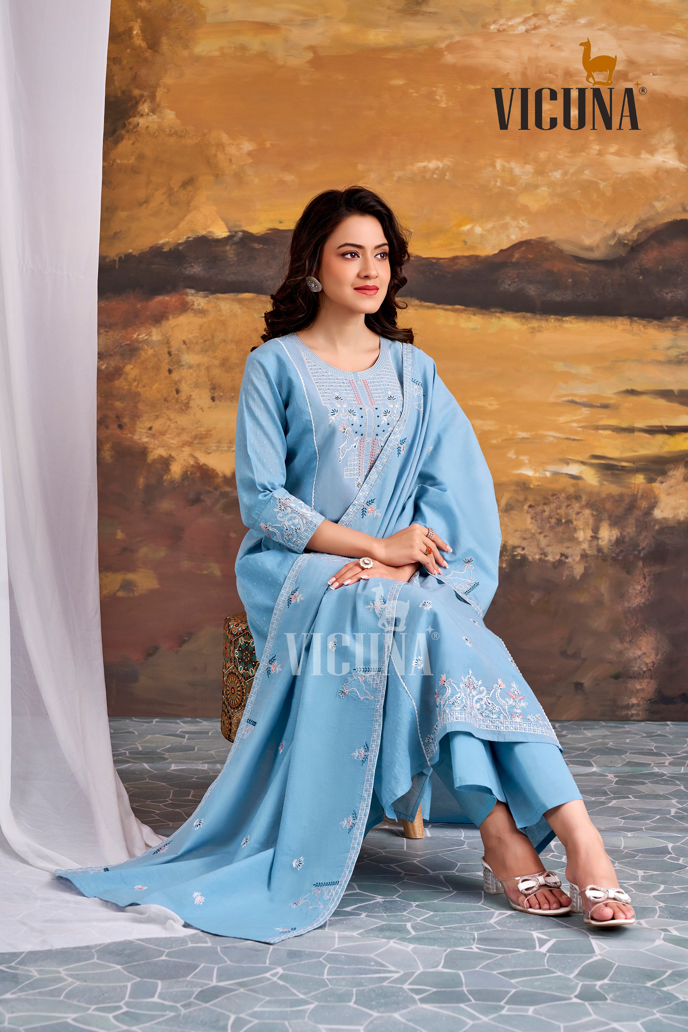 Pure Cotton A-Line Embroidered Suit Set with Handcrafted Dupatta in Firozi, Purple & Lemon