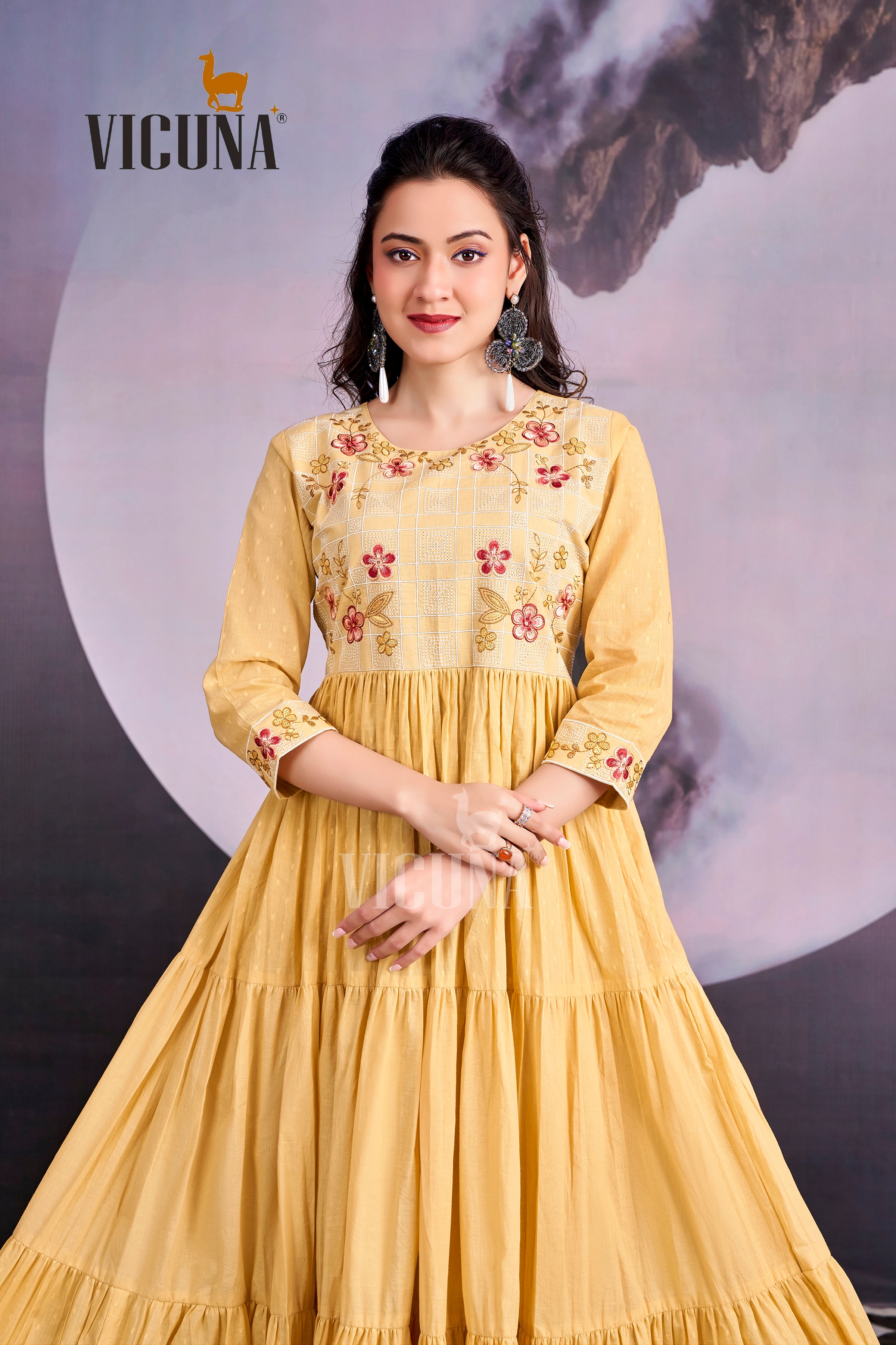 Pure Cotton Embroidered Gown in Gray & Cream