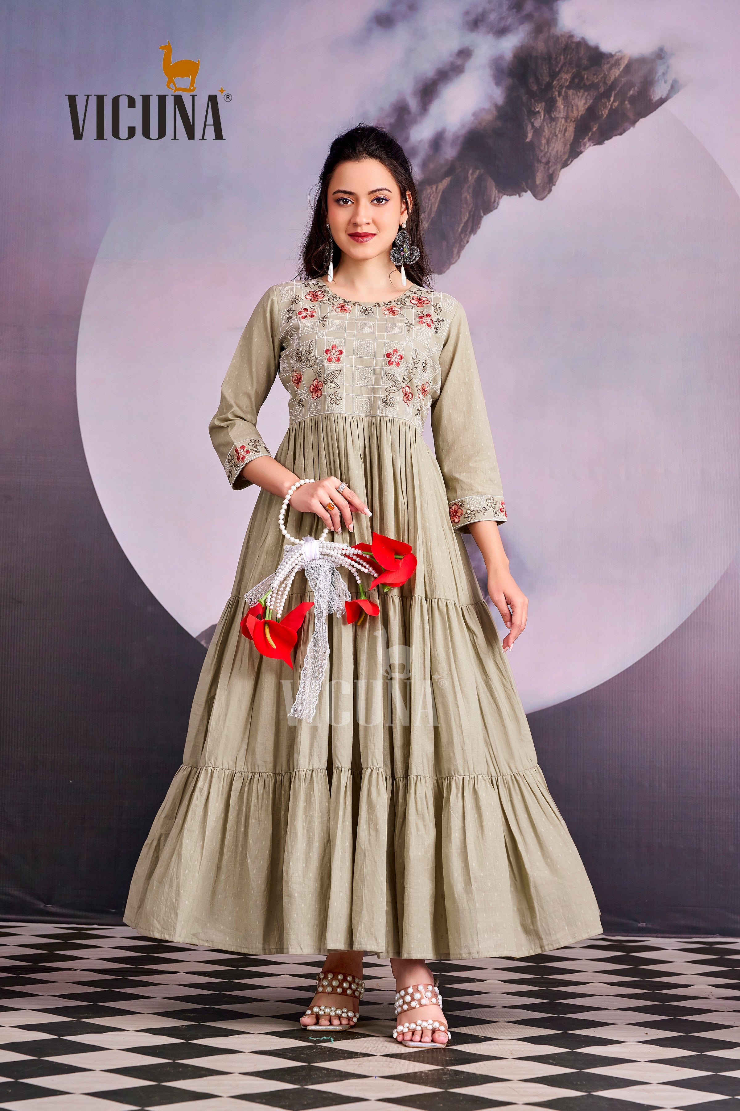 Pure Cotton Embroidered Gown in Gray & Cream