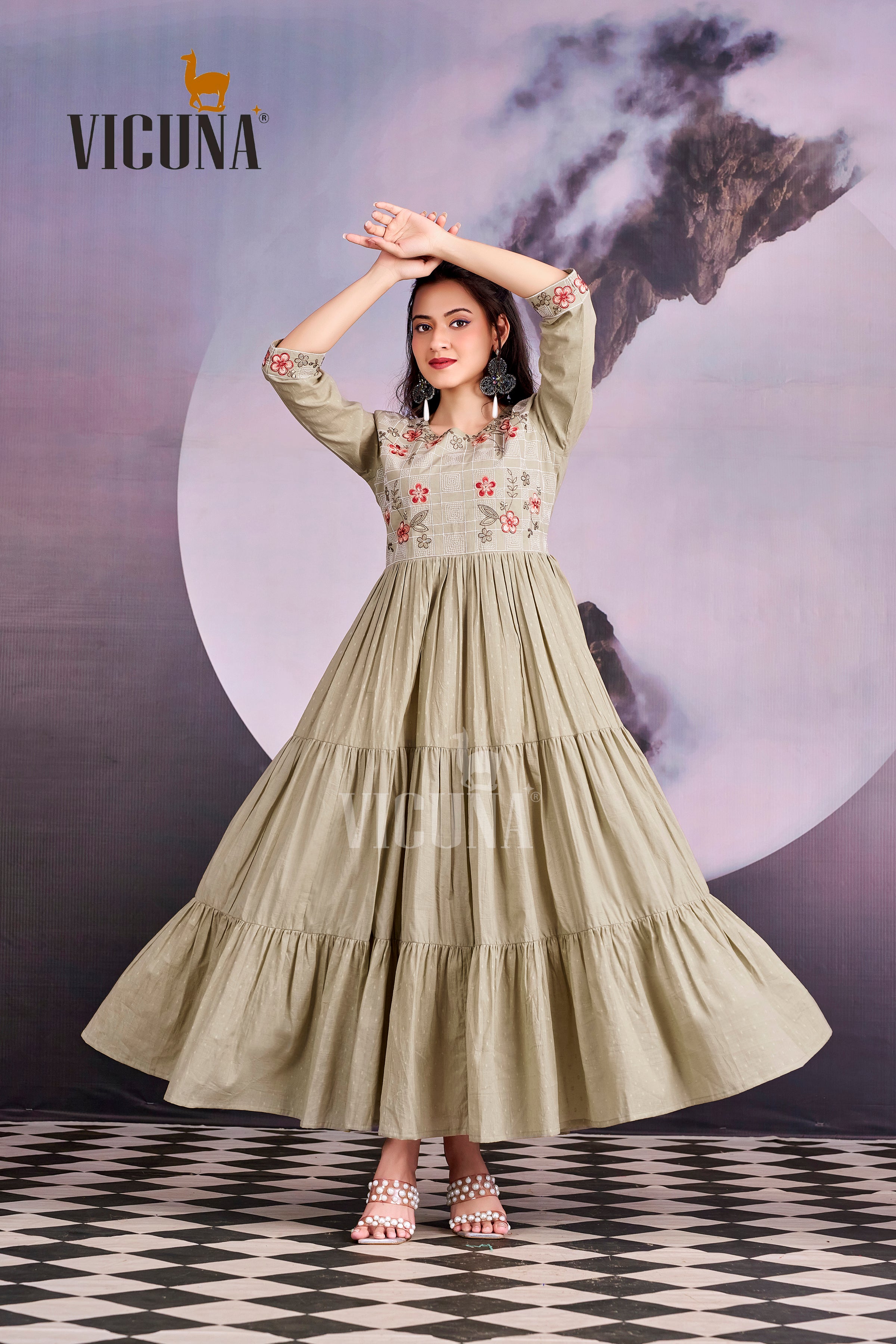 Pure Cotton Embroidered Gown in Gray & Cream
