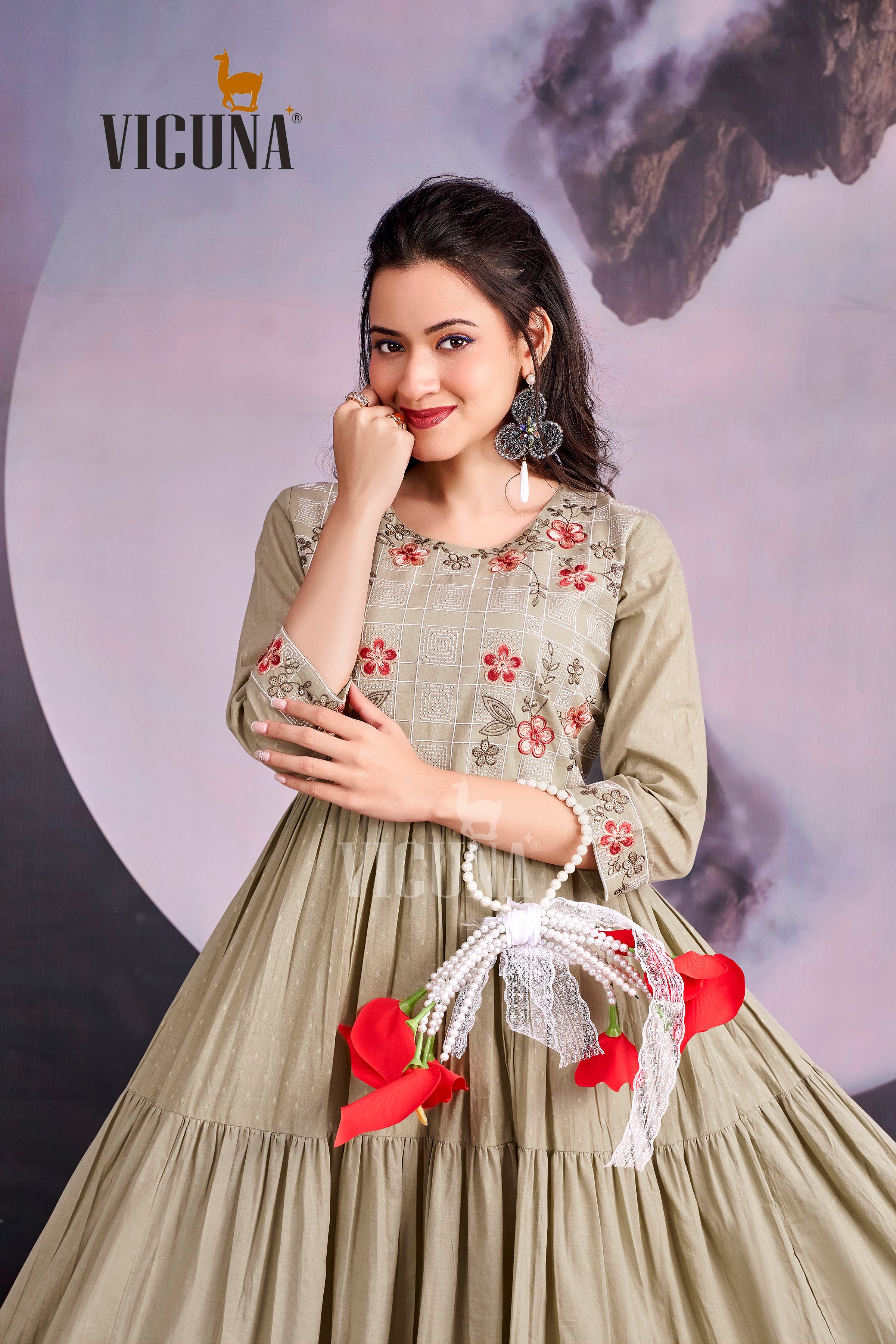 Pure Cotton Embroidered Gown in Gray & Cream