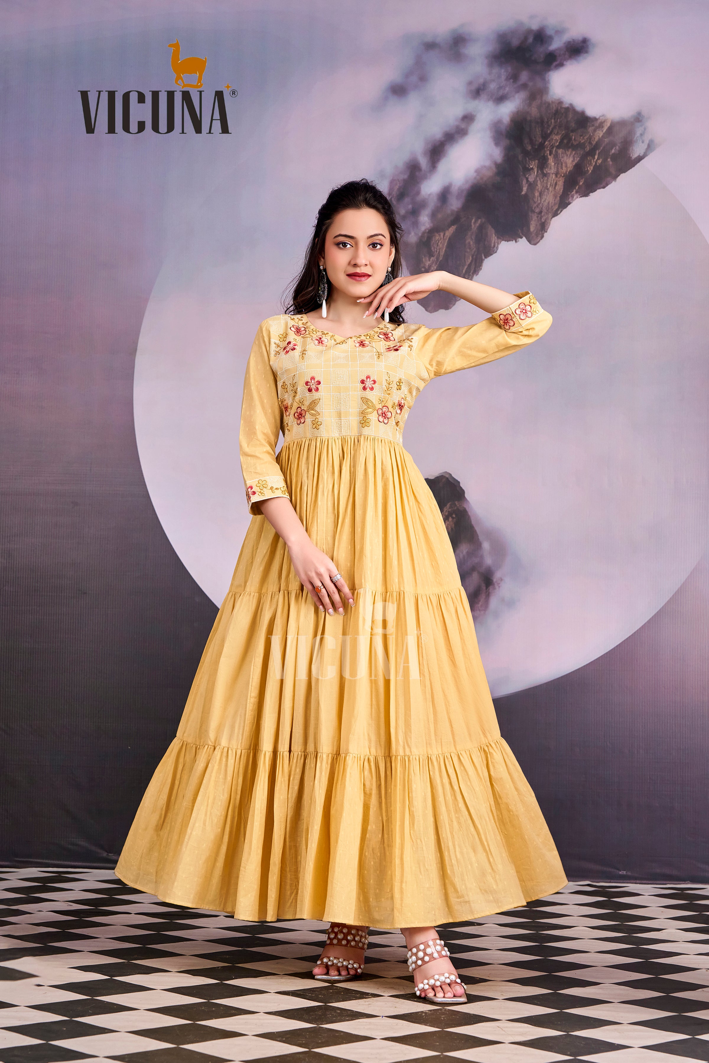 Pure Cotton Embroidered Gown in Gray & Cream