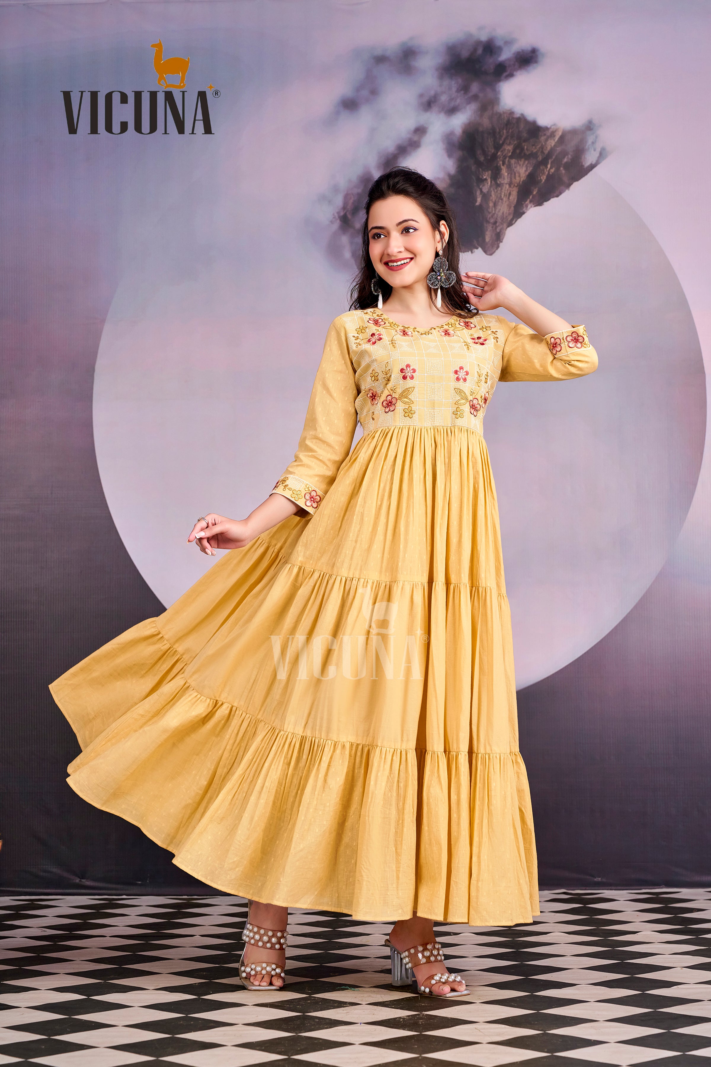 Pure Cotton Embroidered Gown in Gray & Cream